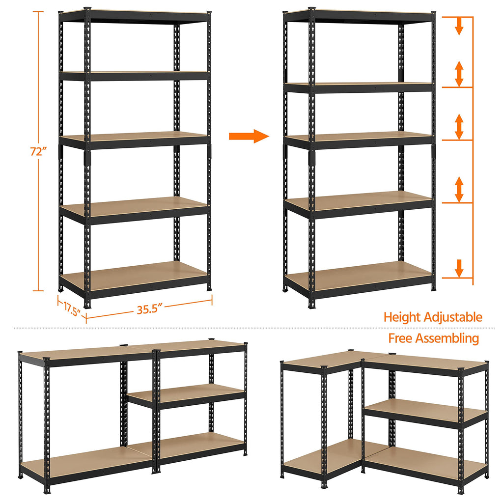 Yaheetech Standing Shelf Units 5 Tier Shelving Unit, 3 Pack Adjustable Garage Shelving Metal Shelving Unit Utility Rack Heavy Duty Industrial Shelving, 35.5″ L × 17.5″ W × 72″ H - Black