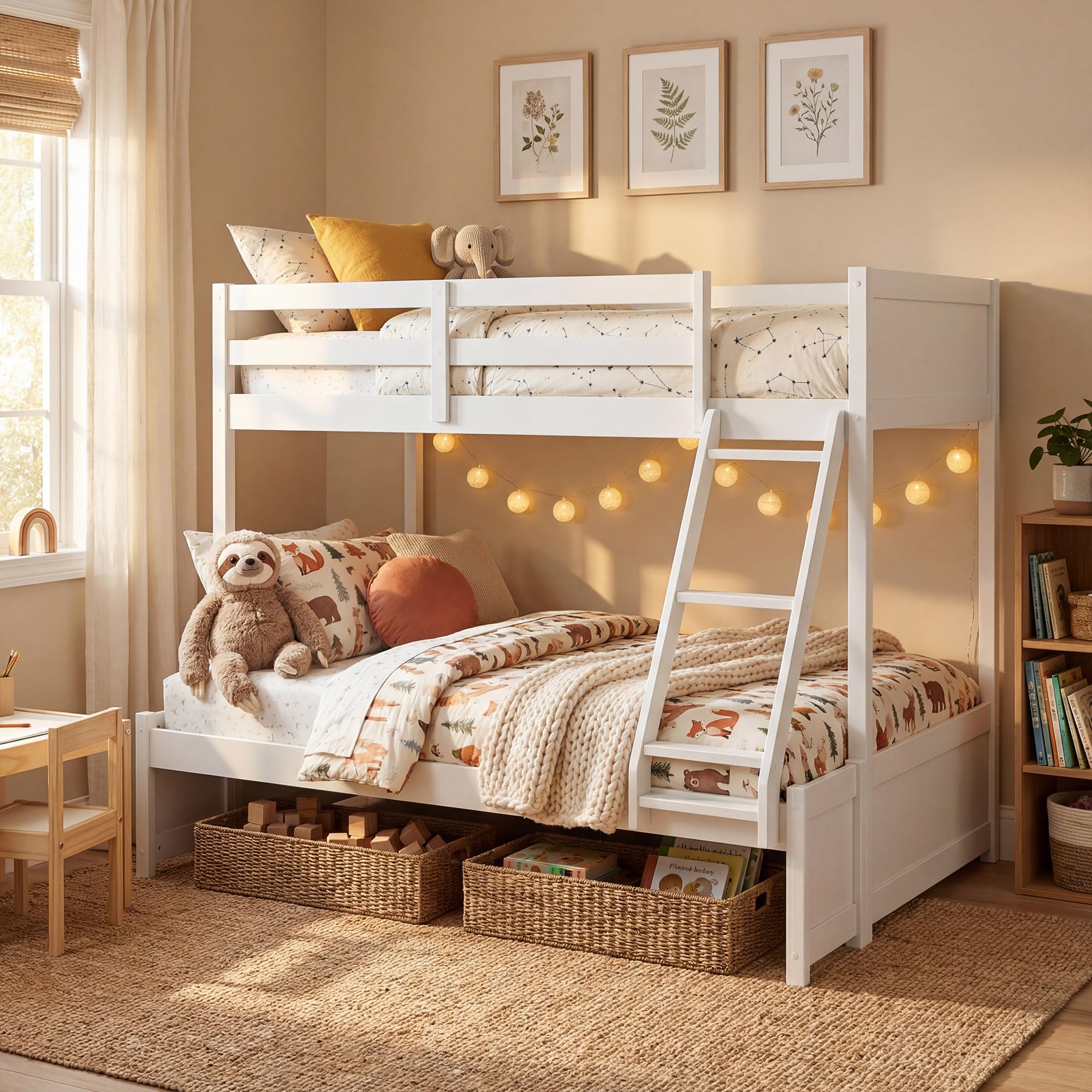 KOMFOTT Twin Over Full Bunk Bed, Pine Bed Frame with 3-Step Ladder, Full-Length Guardrails & 21 Wooden Support Slats, Solid Wood Bunk Bed for Teens, Kids, Adults, Dorms and Apartments (White)