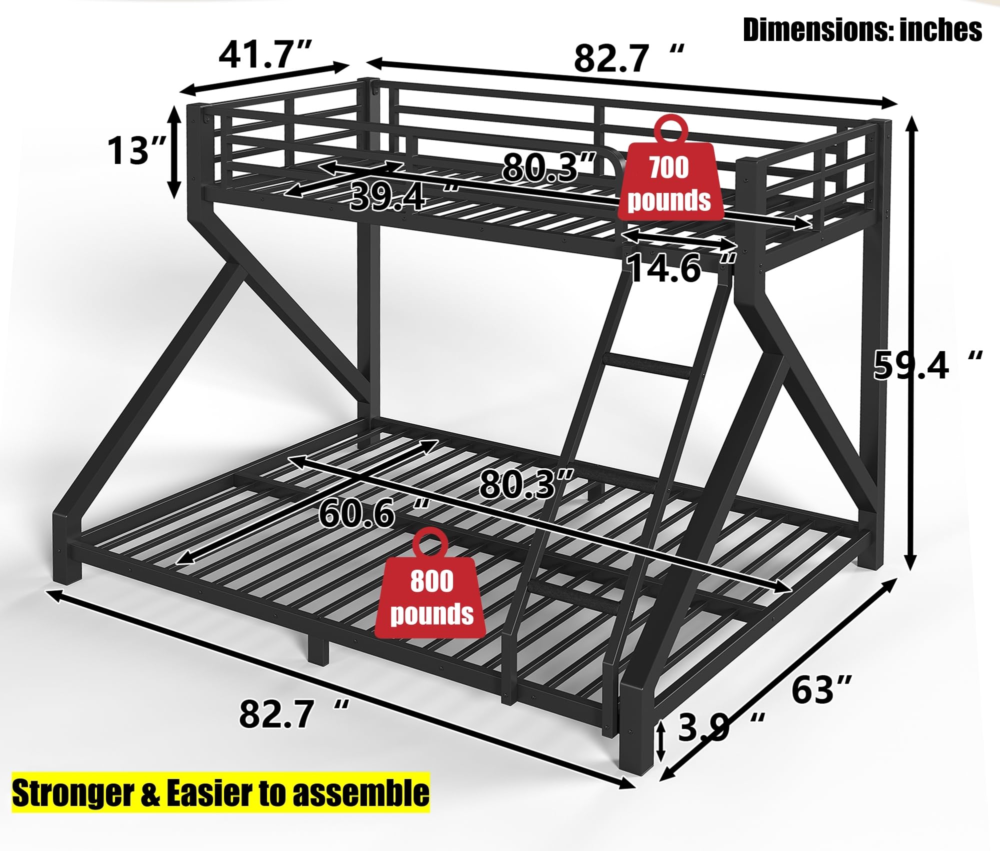 QLUSAN Latest Upgraded & Stronger Heavy Duty Metal Twin XL Over Queen Size Bunk Bed, Safer Thickened More Stable Bunkbed (Greater Weight Capacity) (Twin XL Over Queen (A),Black)