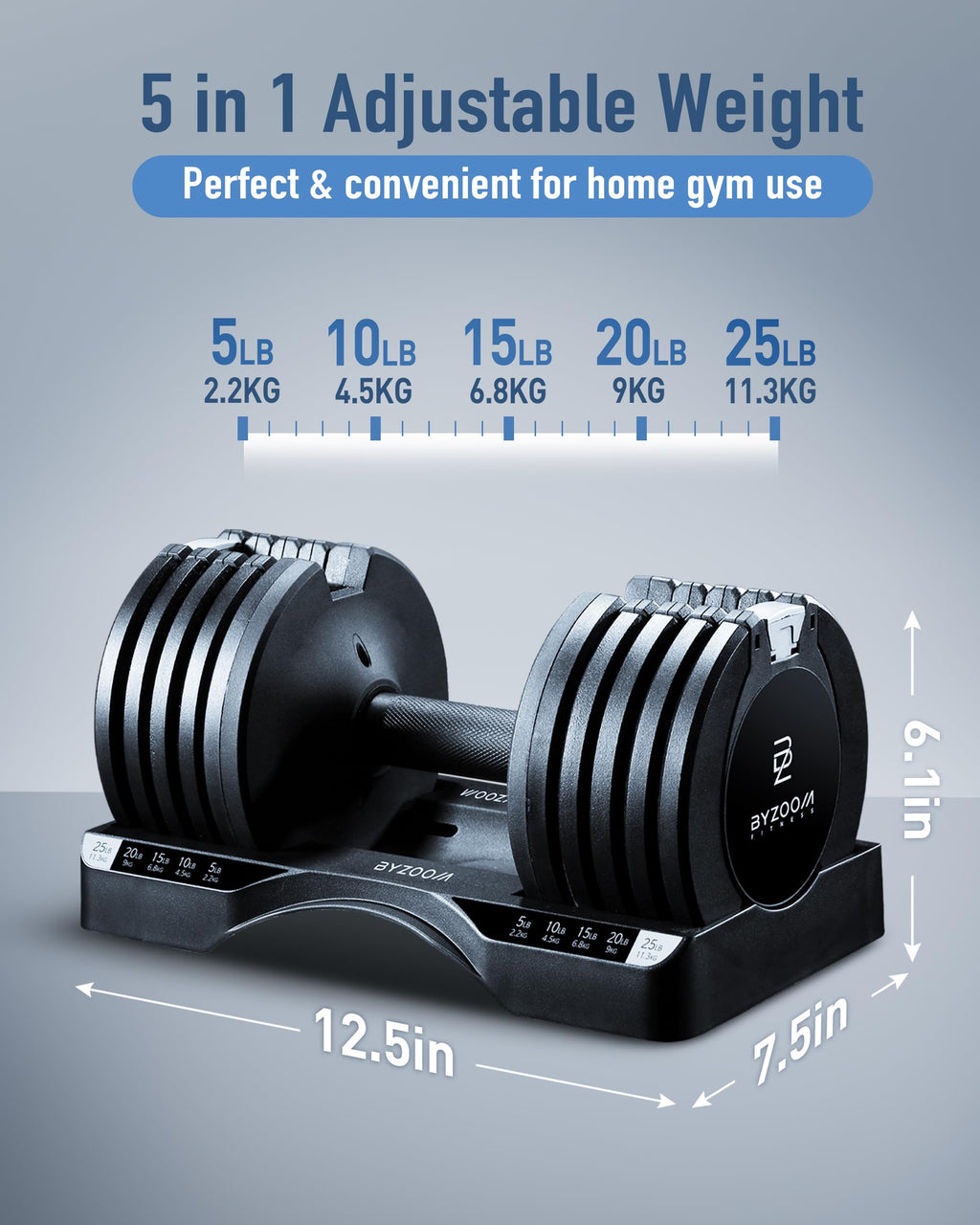BYZOOM FITNESS Pure Series Adjustable Dumbbell - 12.5/25/27.5/75lb - ONE UNIT OR PAIR(check QTY before purchase) - 5-in-1/ 10-in-1 / 21-in-1 Flexible Hand Weights for Home Gym, Strength Training & Fitness Workouts, White OR Black