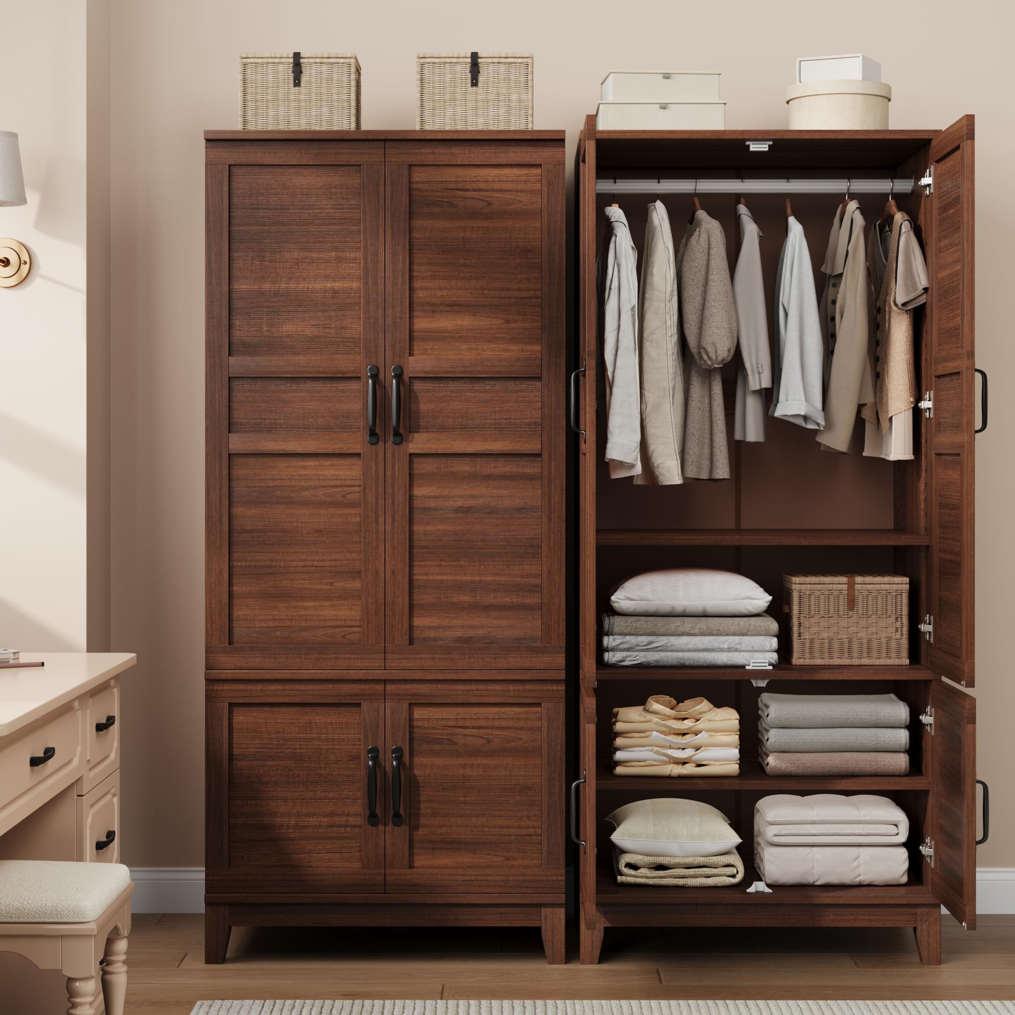 GarveeHome 72" Tall Armoire Wardrobe Closet with 4 Doors, Large Wooden Wardrobe Cabinet with Hanging Rod and Adjustable Shelves, Freestanding Clothing Storage Cabinet for Bedroom, Walnut Brown