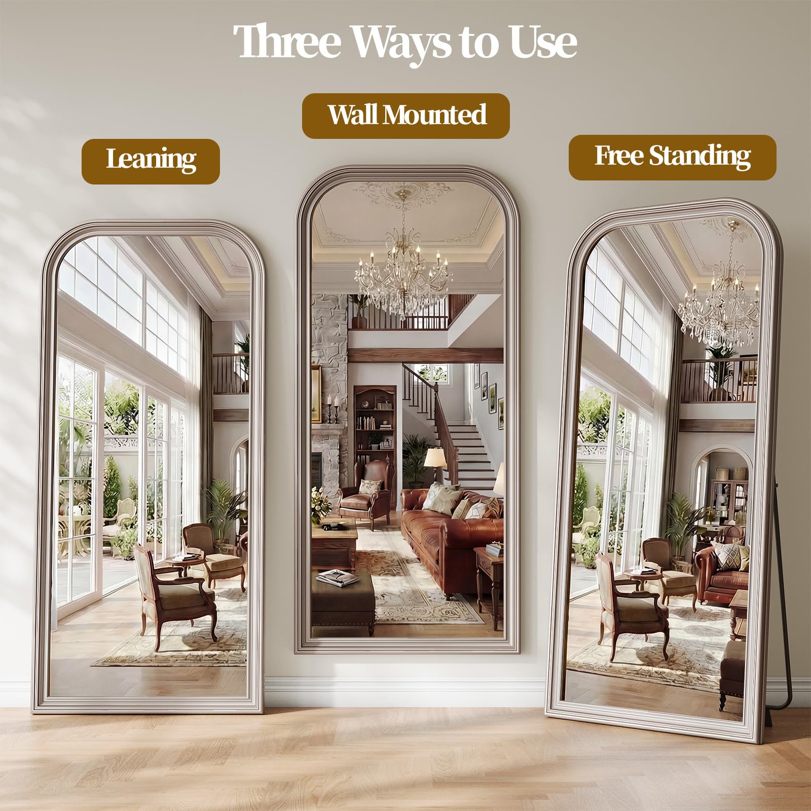 FlyEcho Full Length Mirror with Stand, 71"x32" Full Body Mirror, Floor Length Mirrors Wall Mounted with Rounded Top, Large Standing Mirrors, PU Frame, for Bedroom Living Room Cloakroom, Antique Sliver