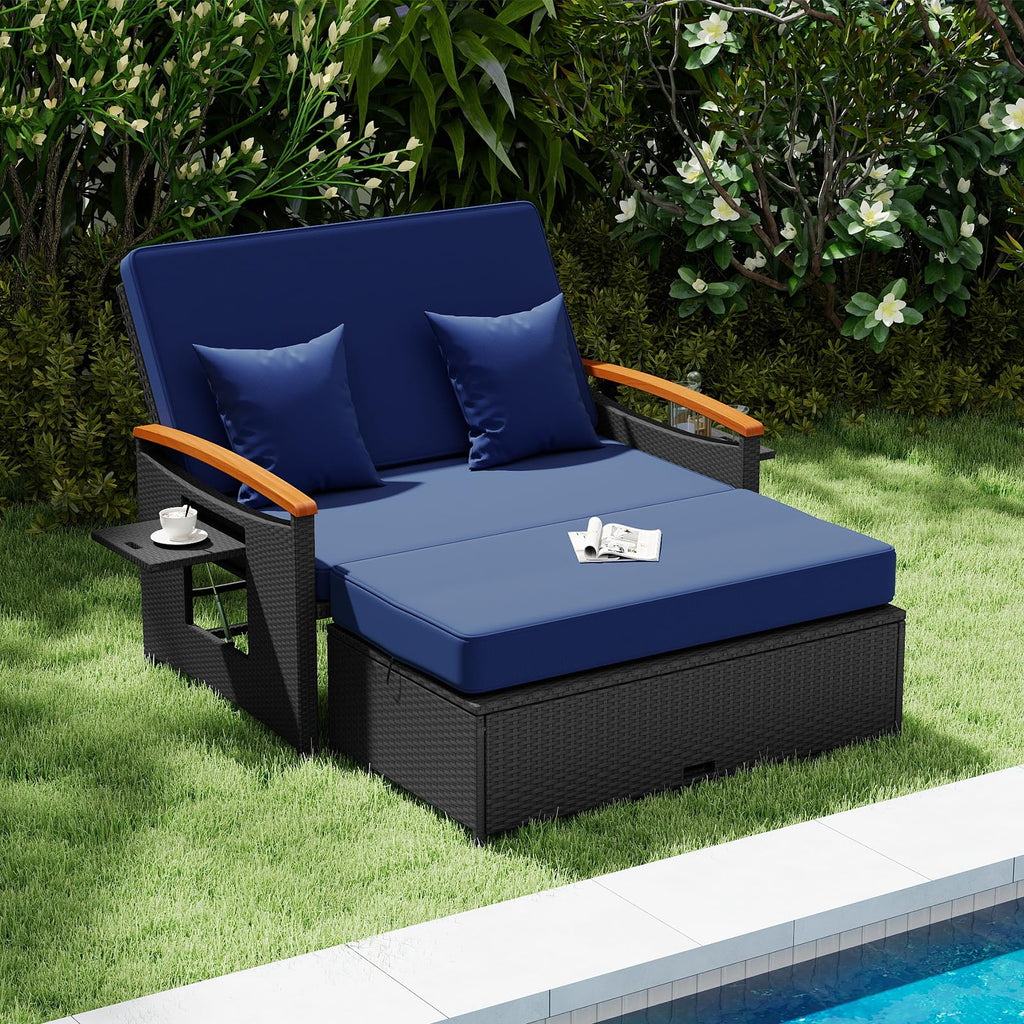 Tangkula Patio Rattan Daybed with 4-Level Adjustable Backrest, Outdoor Wicker Loveseat with Acacia Wood Armrest, Storage Ottoman & Folding Tray, Double Sunbed for Yard & Poolside (Navy & Black)