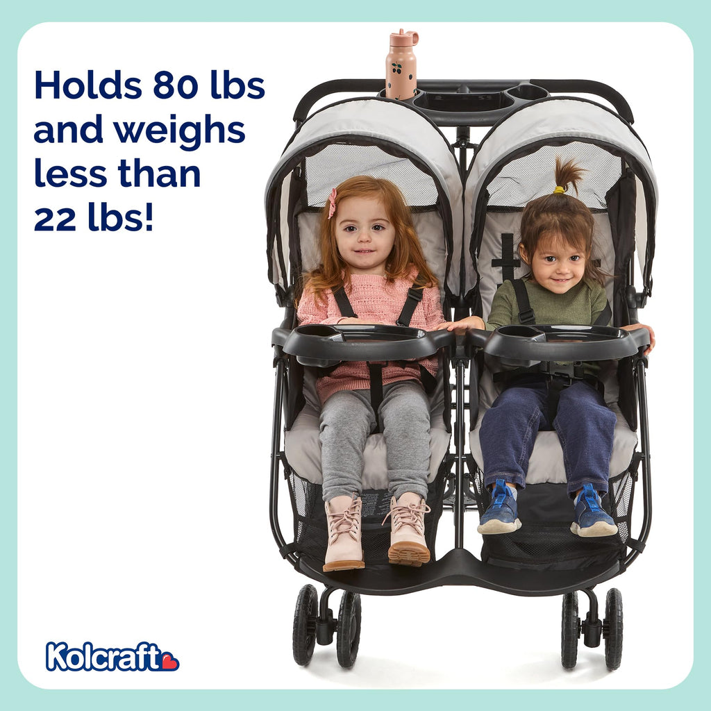Kolcraft Cloud Plus Lightweight Double Stroller Side-by-Side for Infant Toddler, Compact Folding Travel System with Reclining Seats, Canopies, Storage Basket, Trays, Easy Maneuver - Slate Gray