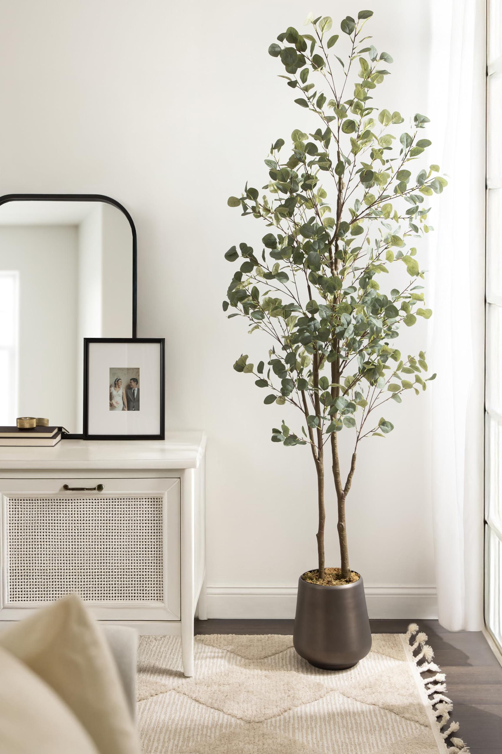 Kate and Laurel Oliveira Faux Olive Tree with Portell Metal Planter Pot, 7 FT, Gunmetal, Potted Artificial Olive Plant Tree with Realistic Foliage and Added Moss, Fake Plant Living Room Decor