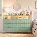 6 Drawers Dresser for Bedroom, 53.9" Wide Dressers with LED Lights and Charging Station, Curved Profile Design, Fluted Wood Drawers with Gold Handle, Modern Chest of Dressers for Living Room, Green