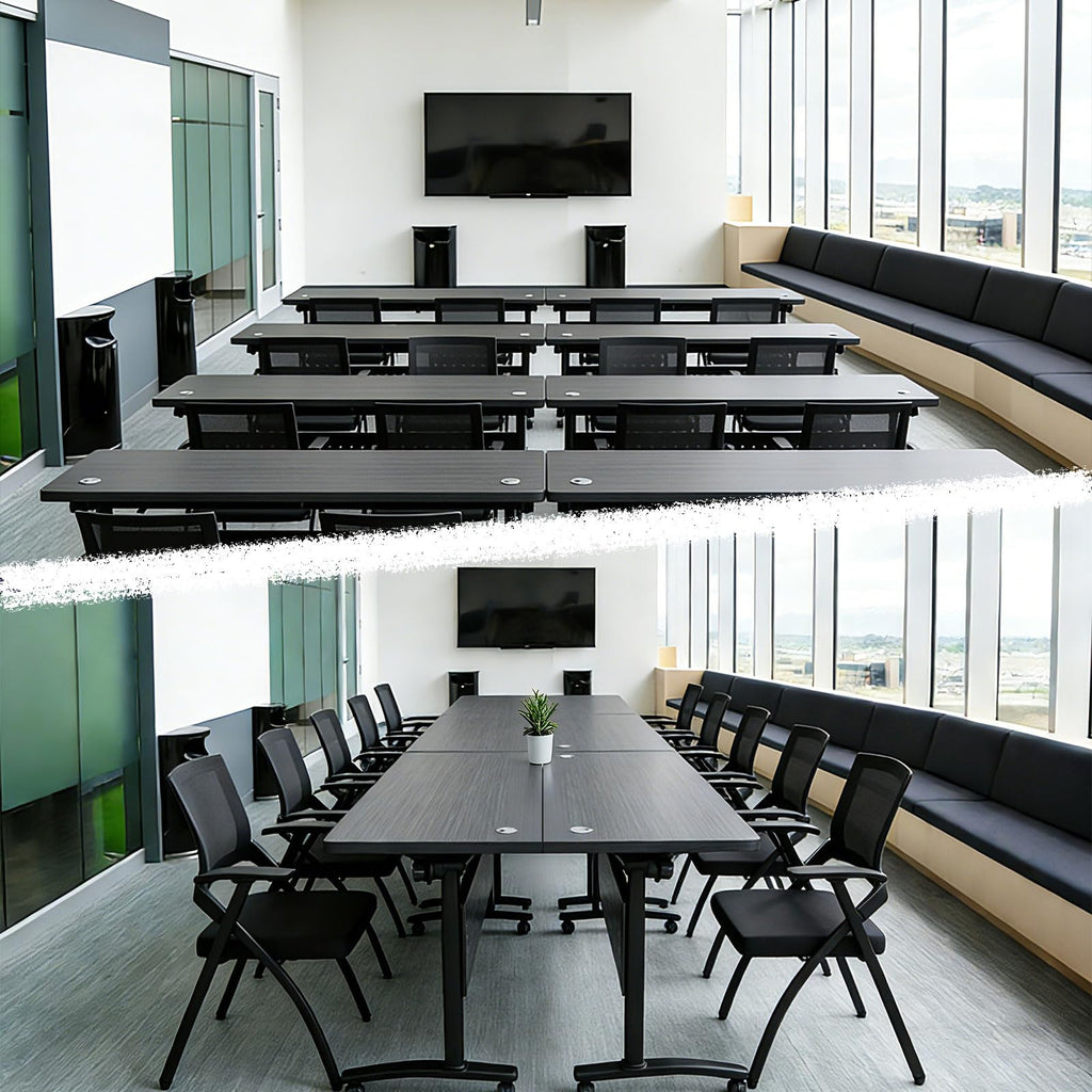 Modern Conference Table, Folding Conference Table with Wheels, Flip Top Mobile Meeting Table for 2-30 Person, Modular Seminar Training Room Table for Meeting Conference Room (4, Dark Grey, 70.8")