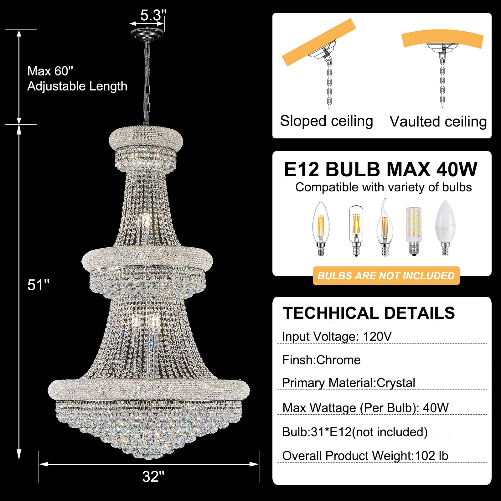 Homeooze 31 - Light Large Empire Crystal Chandelier for High Ceiling Foyer Entryway Staircase Living Room Dining Room Chrome Finish