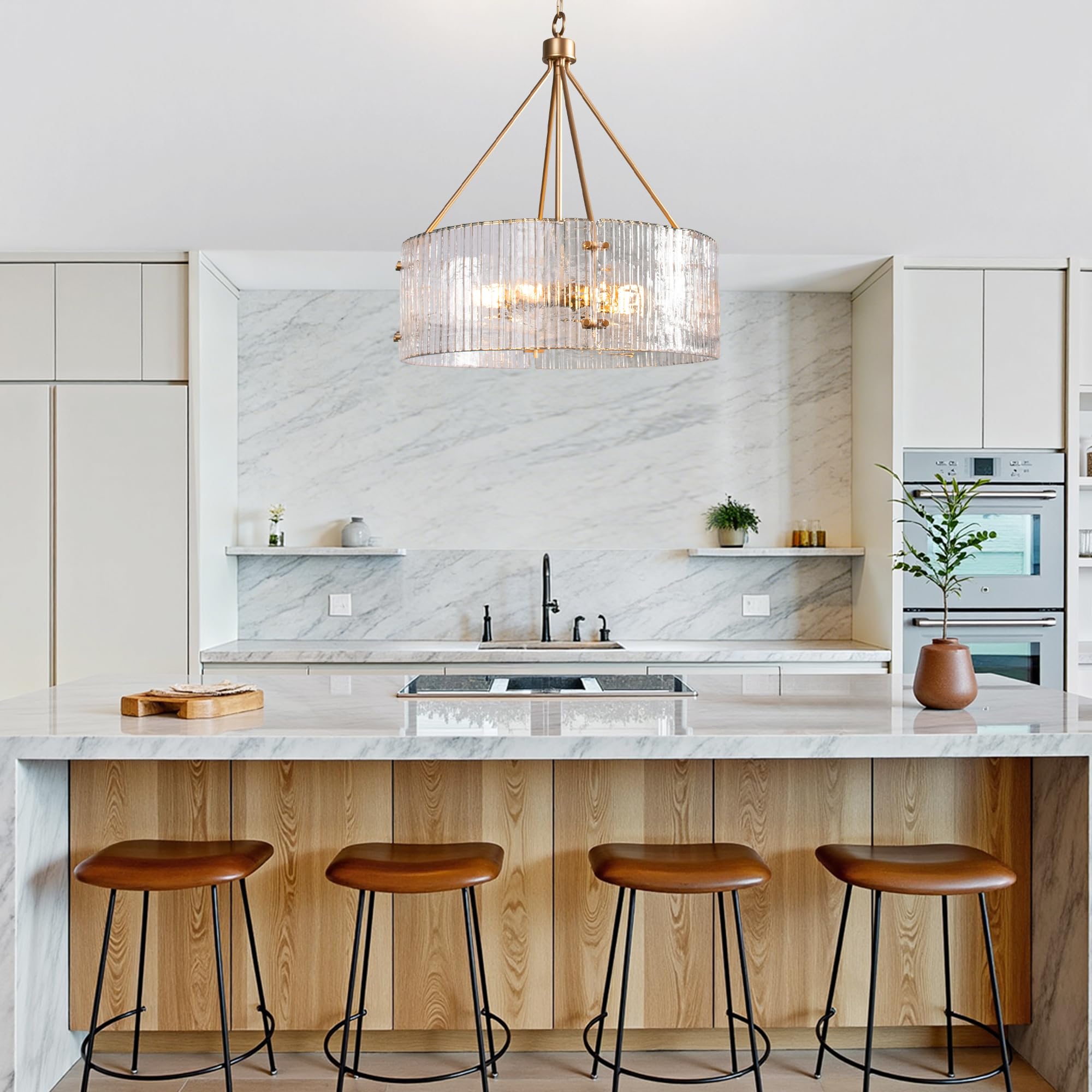Obihivlo Gold Patterned Glass Chandeliers for Dining Room, D23'' Modern Drum Crystal Chandelier, 6-Light Farmhouse Pendant Hanging Ceiling Fixture for Kitchen Island Living Room Foyer Bedroom (E26)