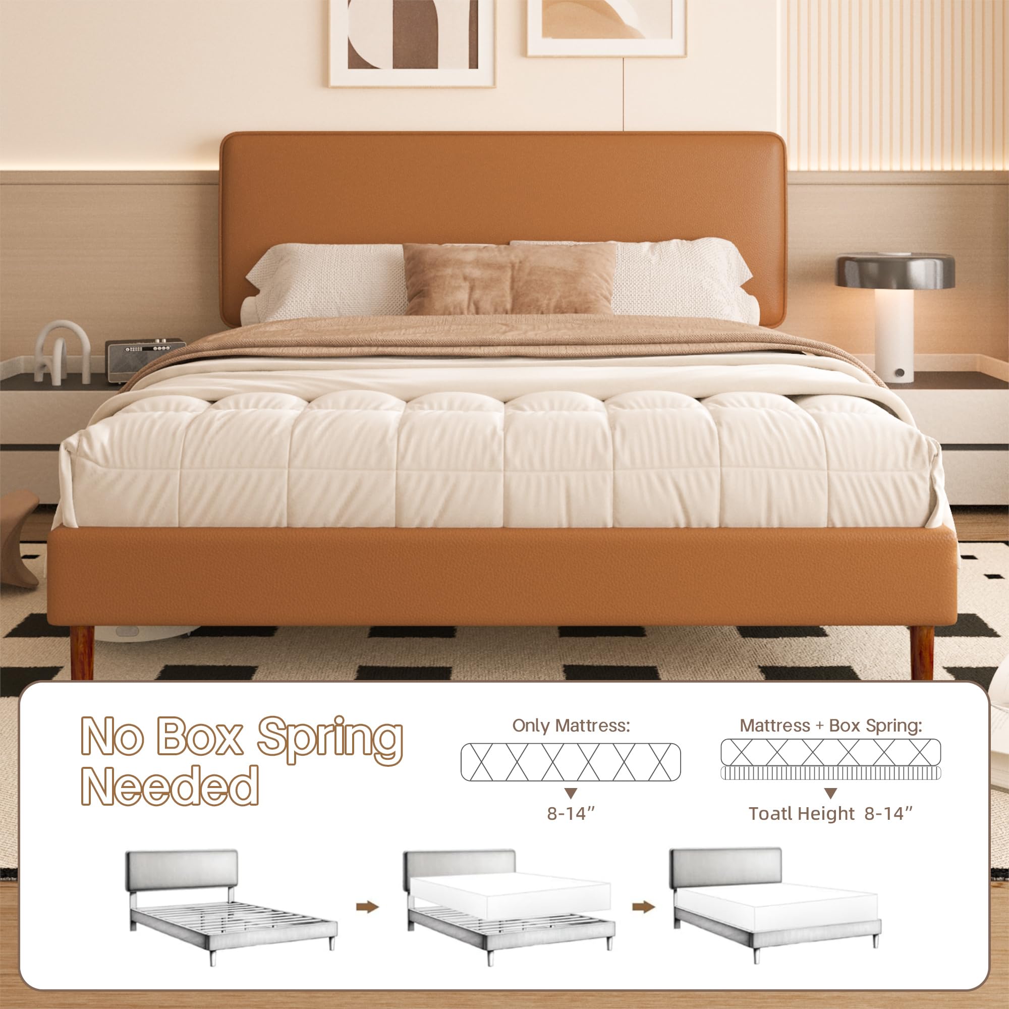 Lcwtvgxr King Size Leather Platform Bed Frame with Adjustable Upholstered Headboard, Solid Wooden Legs, No Box Spring Needed, Easy Assembly, Noise Free, Orange-Brown