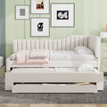 Merax Full Size Upholstered Wood Daybed Extendable Sofa Bed with Trundle and Three Storage Drawers for Living Room Guest Room, Beige