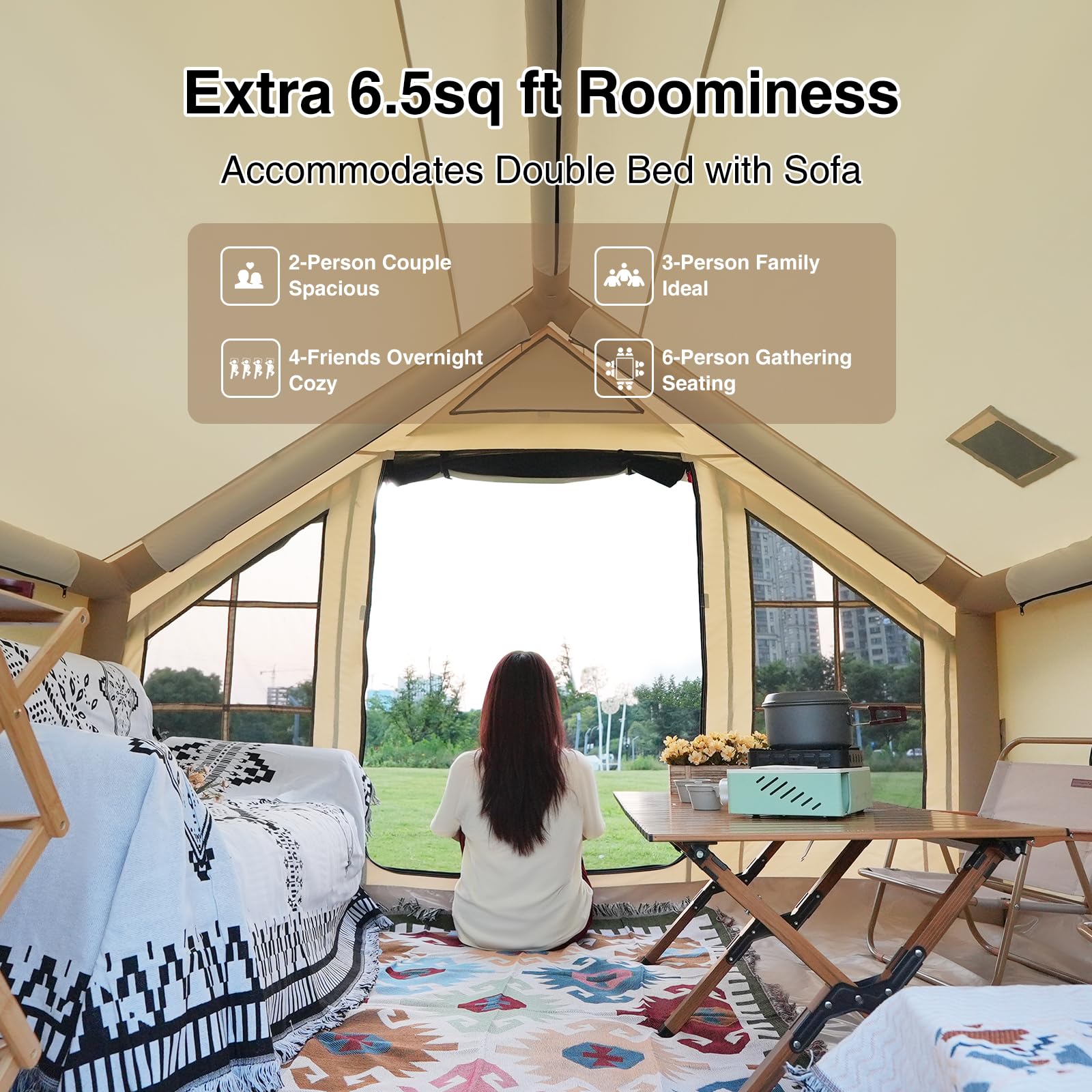 KNUO 2026 Upgraded Waterproof Inflatable Camping Tent for 2~4 People, Large Blow-Up Air Tent, No Assembly Needed Luxury Glamping House, 10x7.2ft Oxford Fabric, Beige