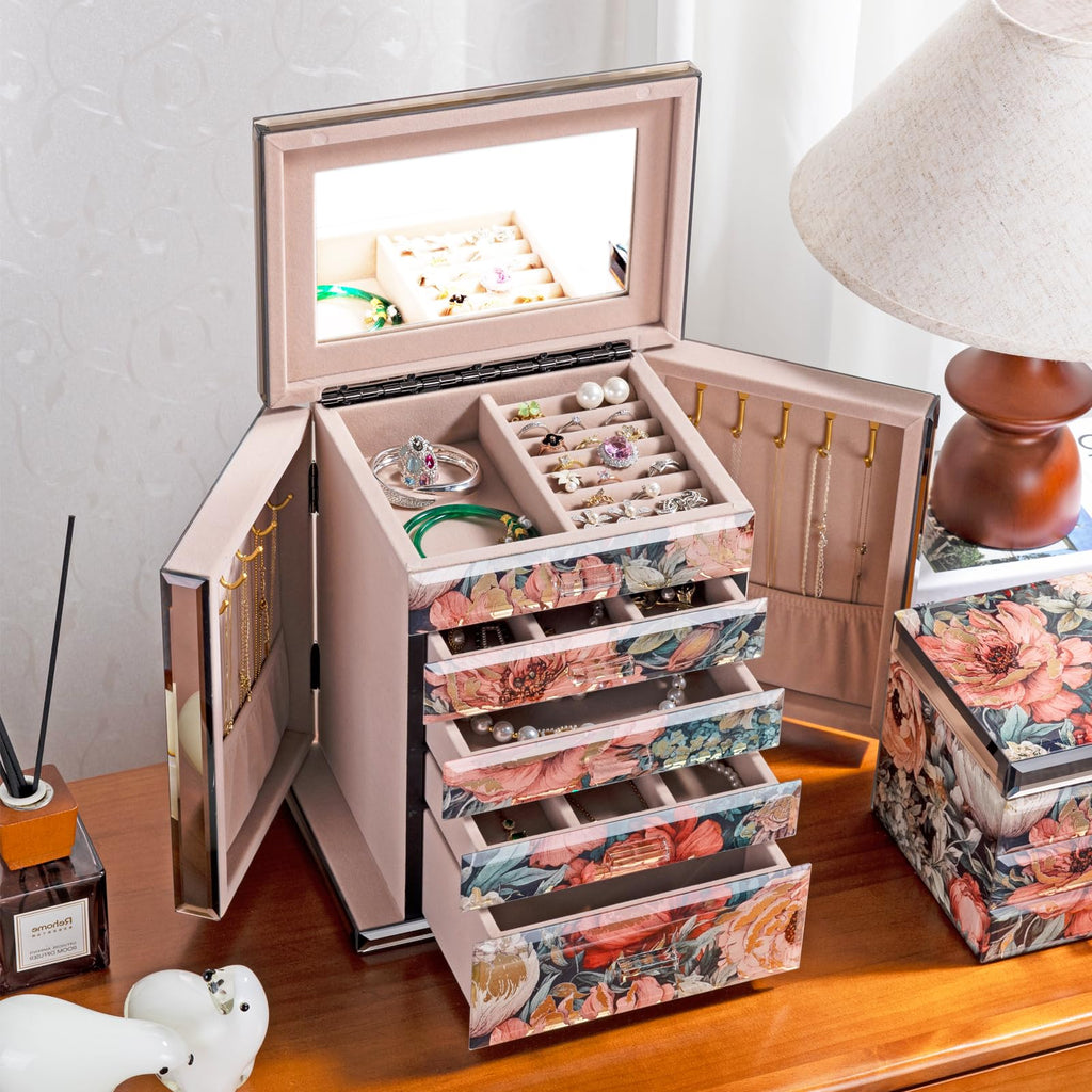 Homruilink High End Glass Jewelry Box, 5 Layer Jewelry Organizer for Women, Side Doors & Mirror, Velvet-Lined Storage for Rings & Necklaces, Ideal Gift (Peony)