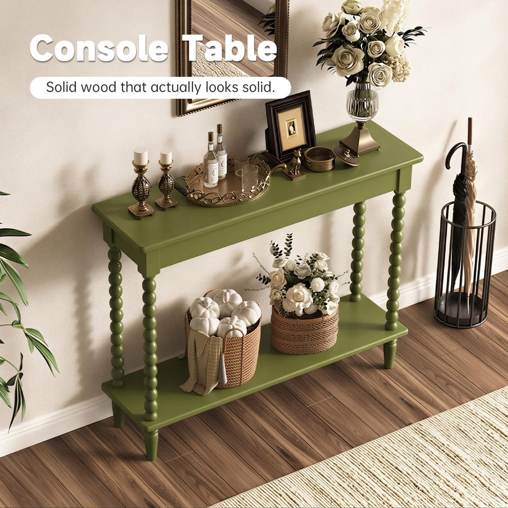 NKGIAG 45'' Vintage Console Table, 100% Solid Wood Tall Entryway Table with 2-Tier Storage for Entrance, Hallway, Foyer, Living Room, Narrow Couch Table Behind Sofa, Minimal Assembly, Green