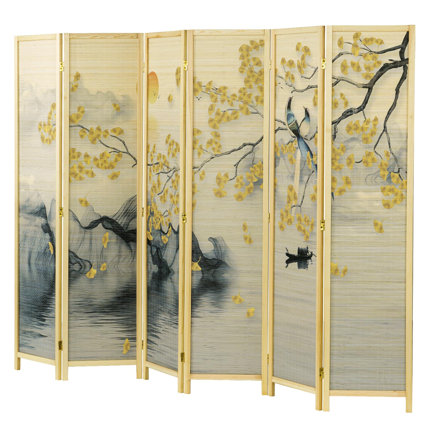 MyGift 6 Panel Large Bamboo Room Divider with Dual Sided Asian Birds Gingko Biloba Tree Sunset Design Print, 6FT Freestanding Artwork Privacy Partition Folding Screen with Beige Solid Wood Frame