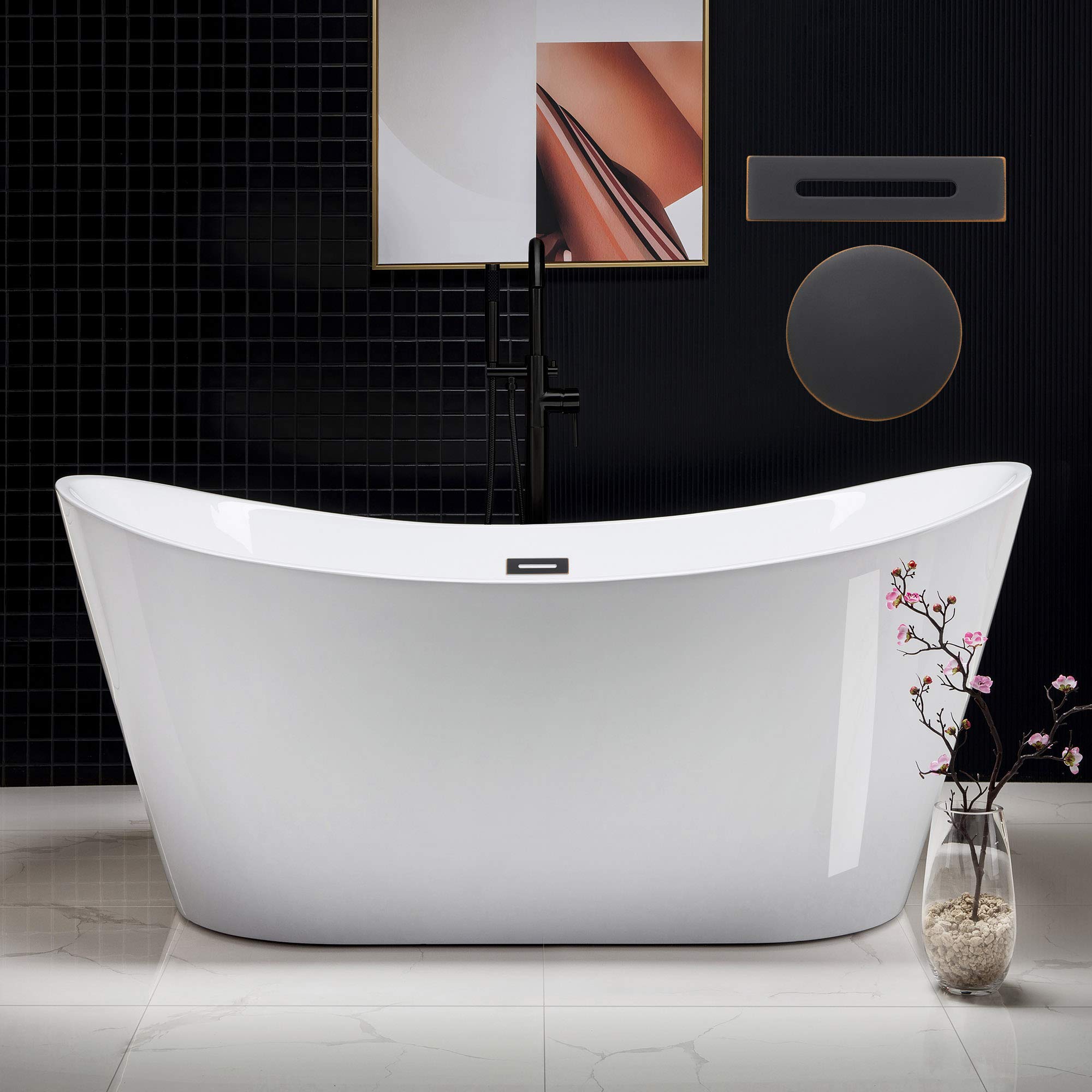 WOODBRIDGE 67" Acrylic Freestanding Bathtub Contemporary Soaking White Tub with Oil Rubbed Bronze Overflow and Drain，BTA1515-ORB-Drain&O