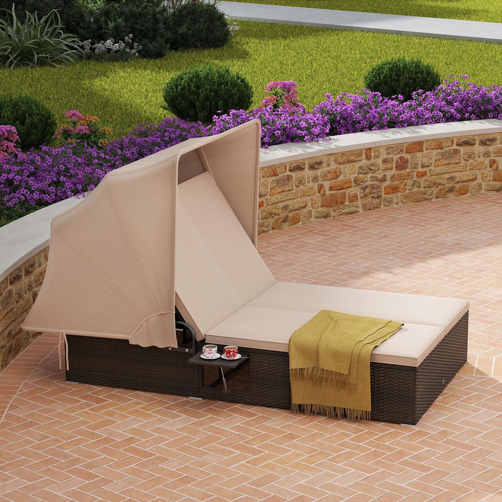 HAPPYGRILL Outdoor Rattan Daybed with Retractable Canopy, 2-Person Lounge Bed with 5-Position Adjustable Backrest, Foldable Side Shelves, Patio Double Sunbed Conversation for Yard Porch