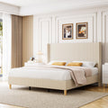 IDEALHOUSE King Size Upholstered Bed Frame with Channel Tufted Wingback Headboard, Wooden Slat Support, Noise-Minimizing Design, No Box Spring Needed, Beige