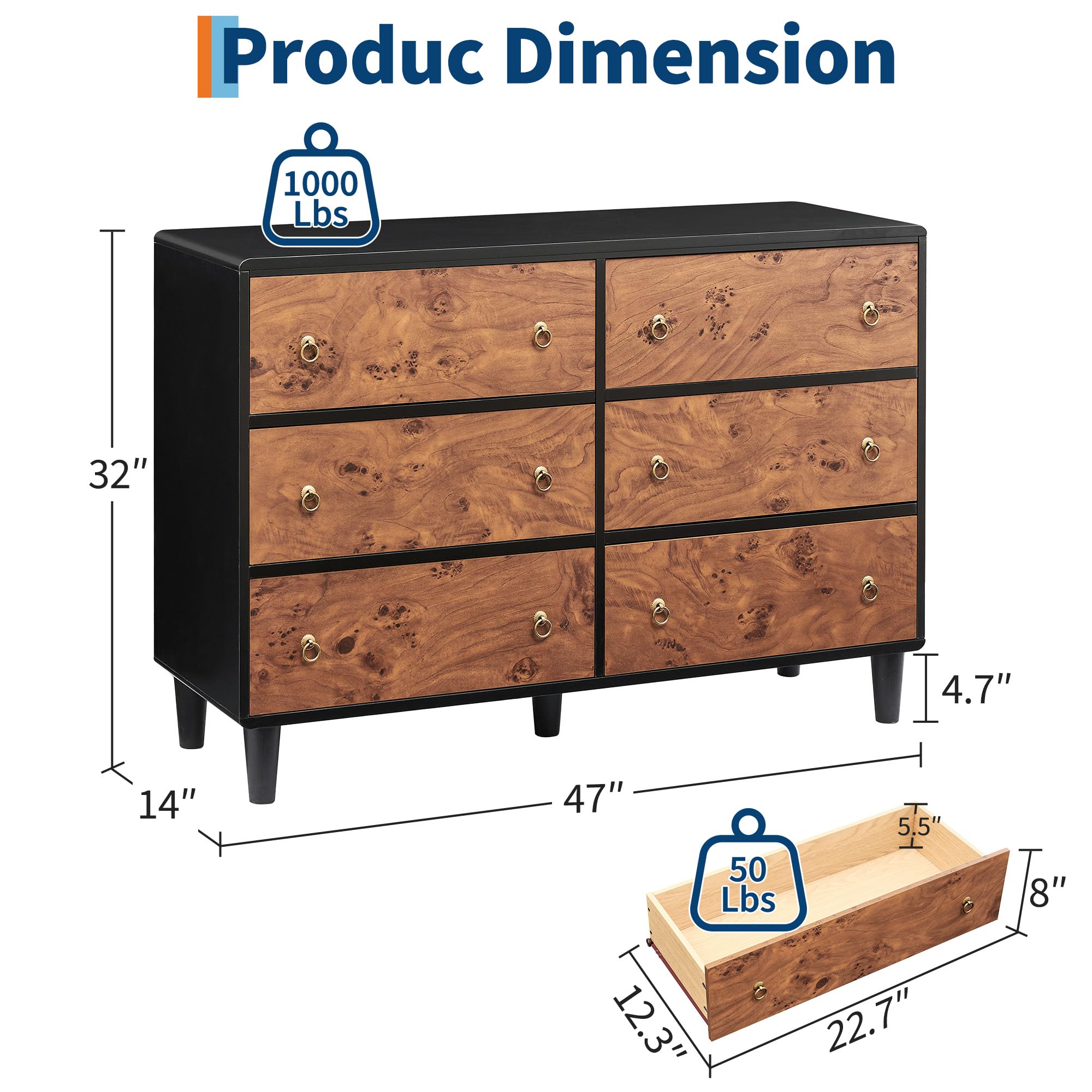 IDEALHOUSE 6 Drawers Dresser for Bedroom, 47" Wide Modern Chest of Drawers with Vintage Circle Handle w/Curved Profile Design, Wood Dresser for Living Room, Hallway, Entryway, Natural Oak
