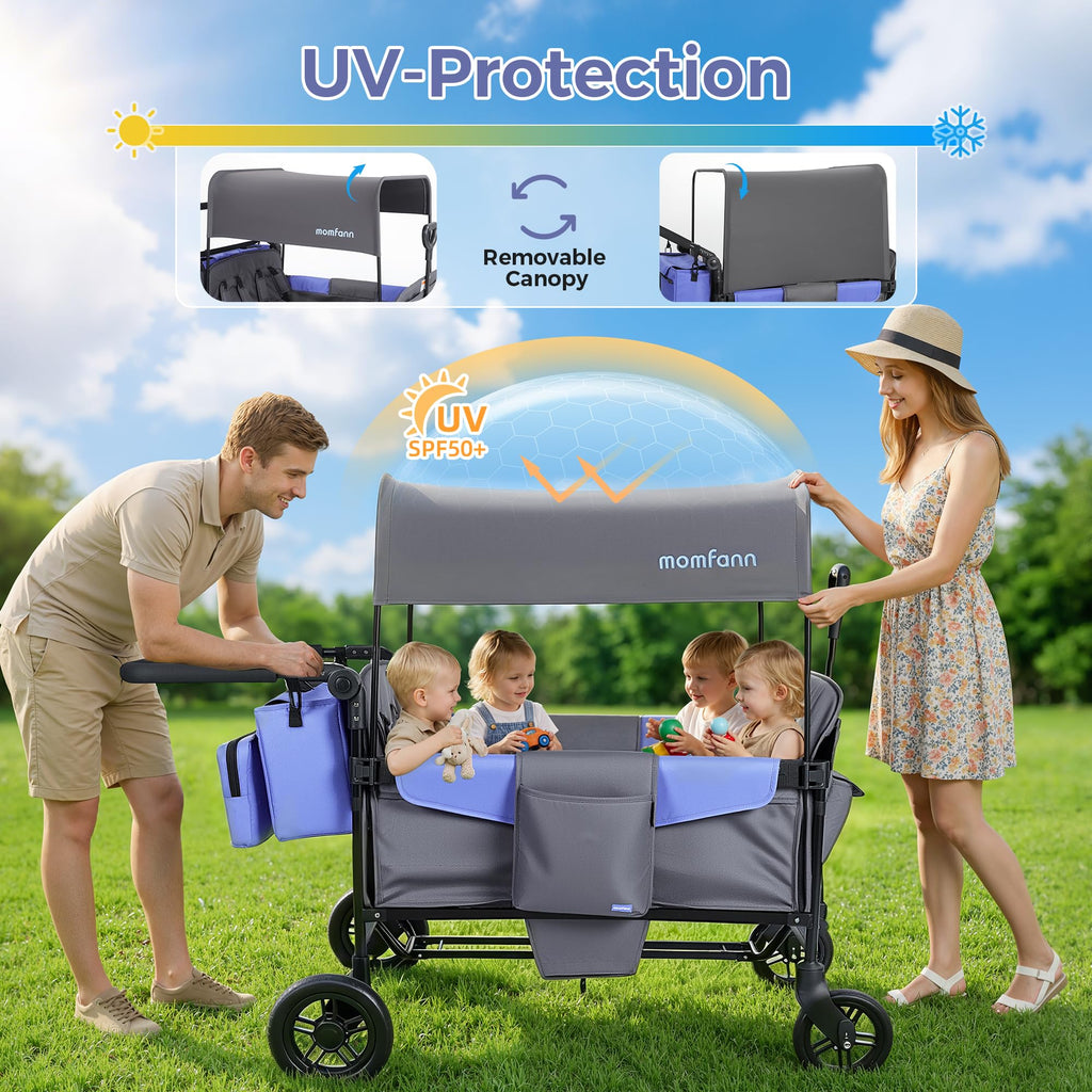 MOMFANN Wagon Stroller for 4 Kids, All-Terrain 4-Seater Folding Wagon with 5-Point Harness, Adjustable Push-Pull Handle, Removable Canopy, Oversized Storage Organizer, Compact Fold - Grey