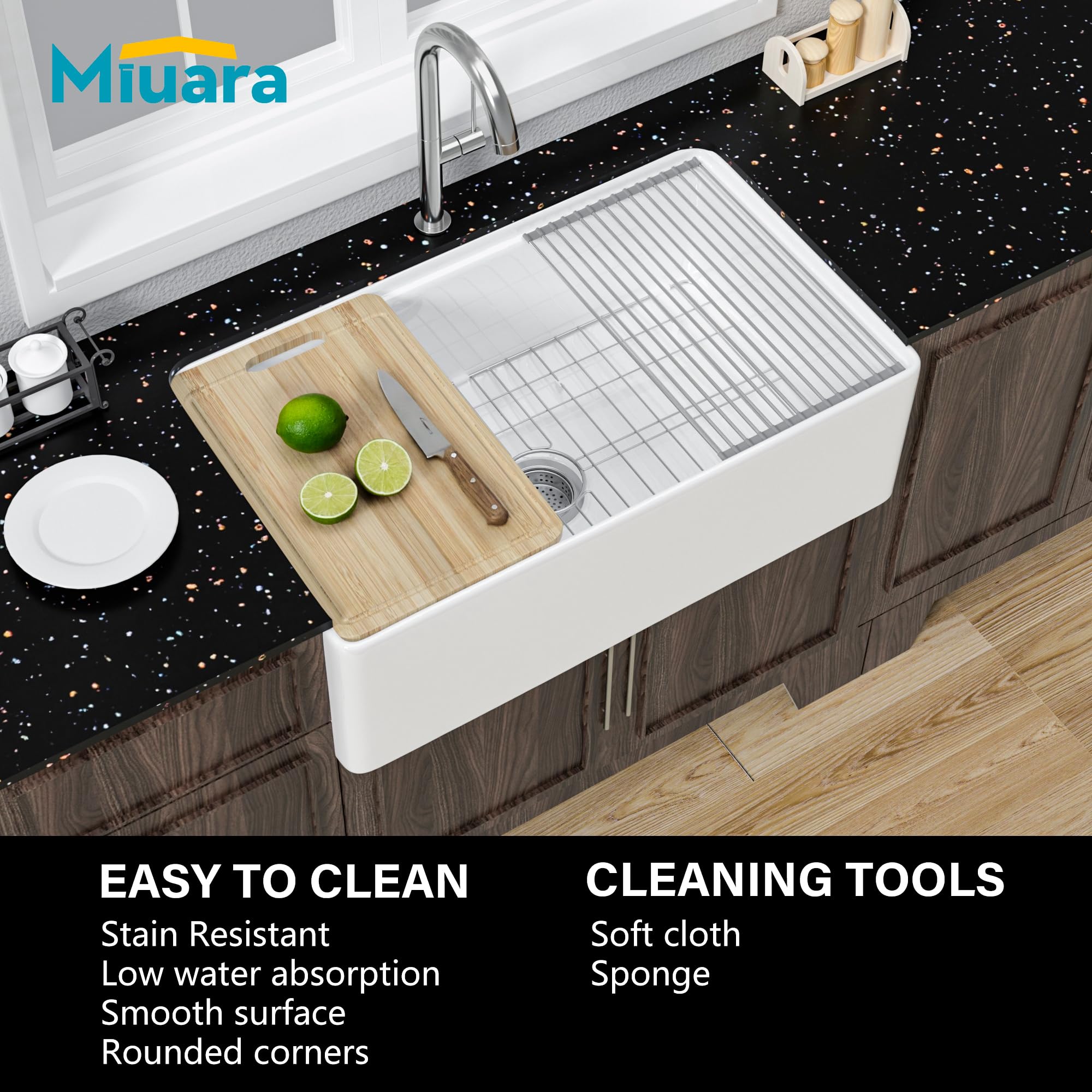 Miuara White Farmhouse Workstation Sink 31 Inch - Fireclay Apron Front Kitchen Sink Reversible 31"x18"x10", Farm House Style, Heavy Duty Deep Single Bowl, Undermount Installation, for Kitchen