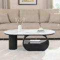 KEIKI Luxury Modern Oval Coffee Table with Storage Drawer, 47.24" Faux Marble Top, Wooden Coffee Table with Shelf, Sturdy Black Metal Frame for Living Room & Office, Black White