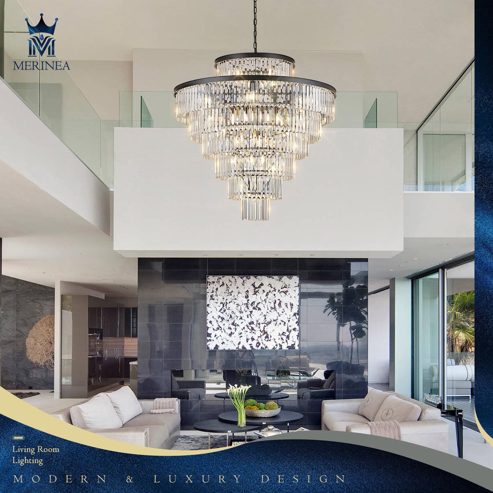 MERINEA Large 40" Black Crystal Chandelier 28 Lights Modern Round Chandeliers for Staircase Luxury 7-Tier K9 Crystal Ceiling Pendant Light Fixture for High Ceiling Living Room Foyer