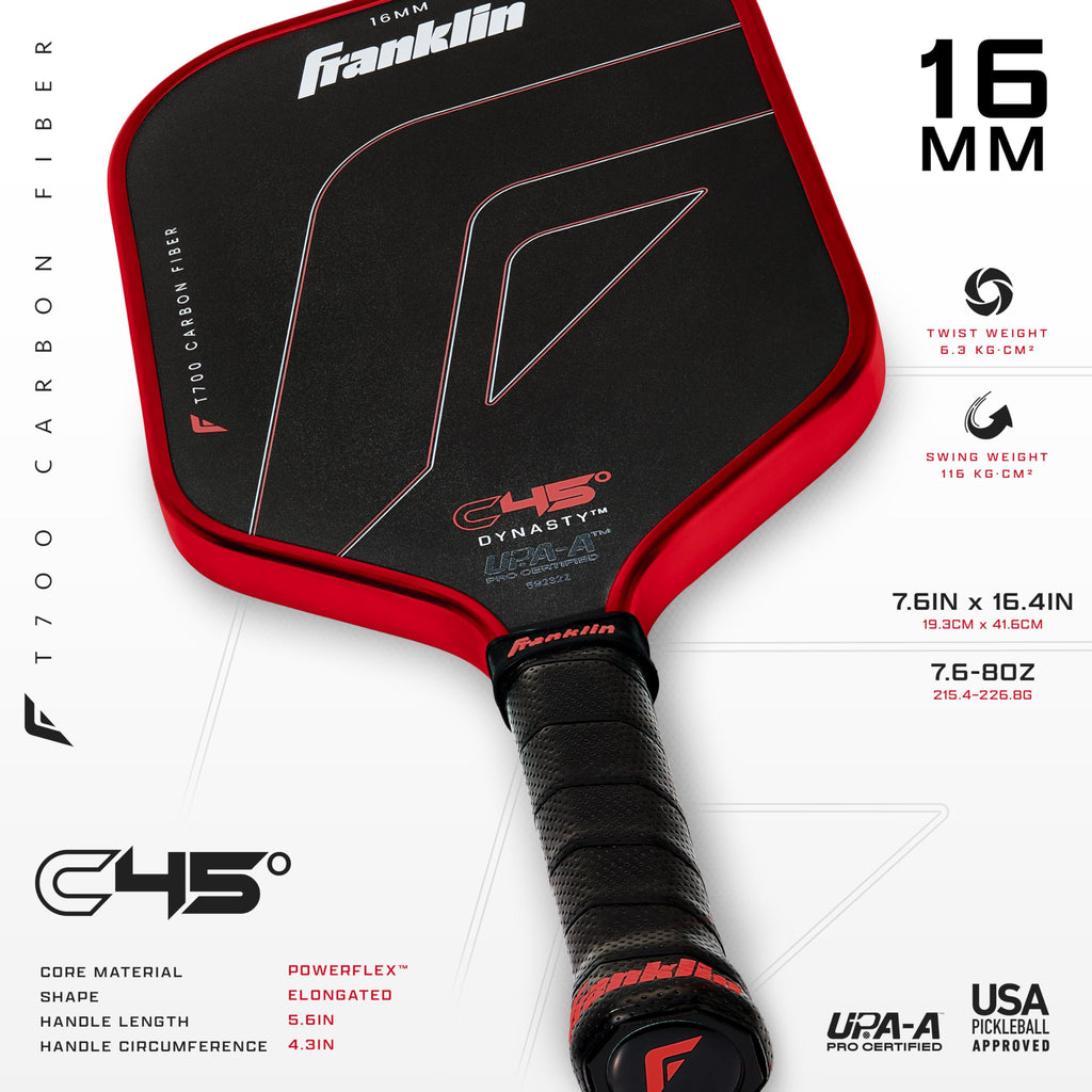 Franklin Sports PRO Pickleball Paddles – C45 Carbon Fiber Series - Official USAP + UPA Approved – Pro Player Design, Dynasty 16MM RED