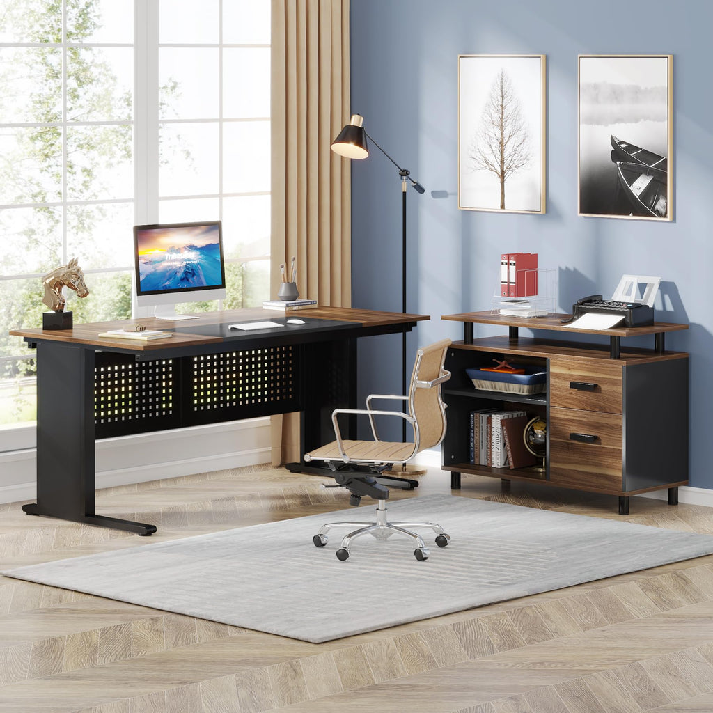 LITTLE TREE Large Computer Desk with File Cabinet, 63 Inch L Shaped Executive Office Desk with Drawers and Storage Shelves, Business Furniture Workstation for Home Office