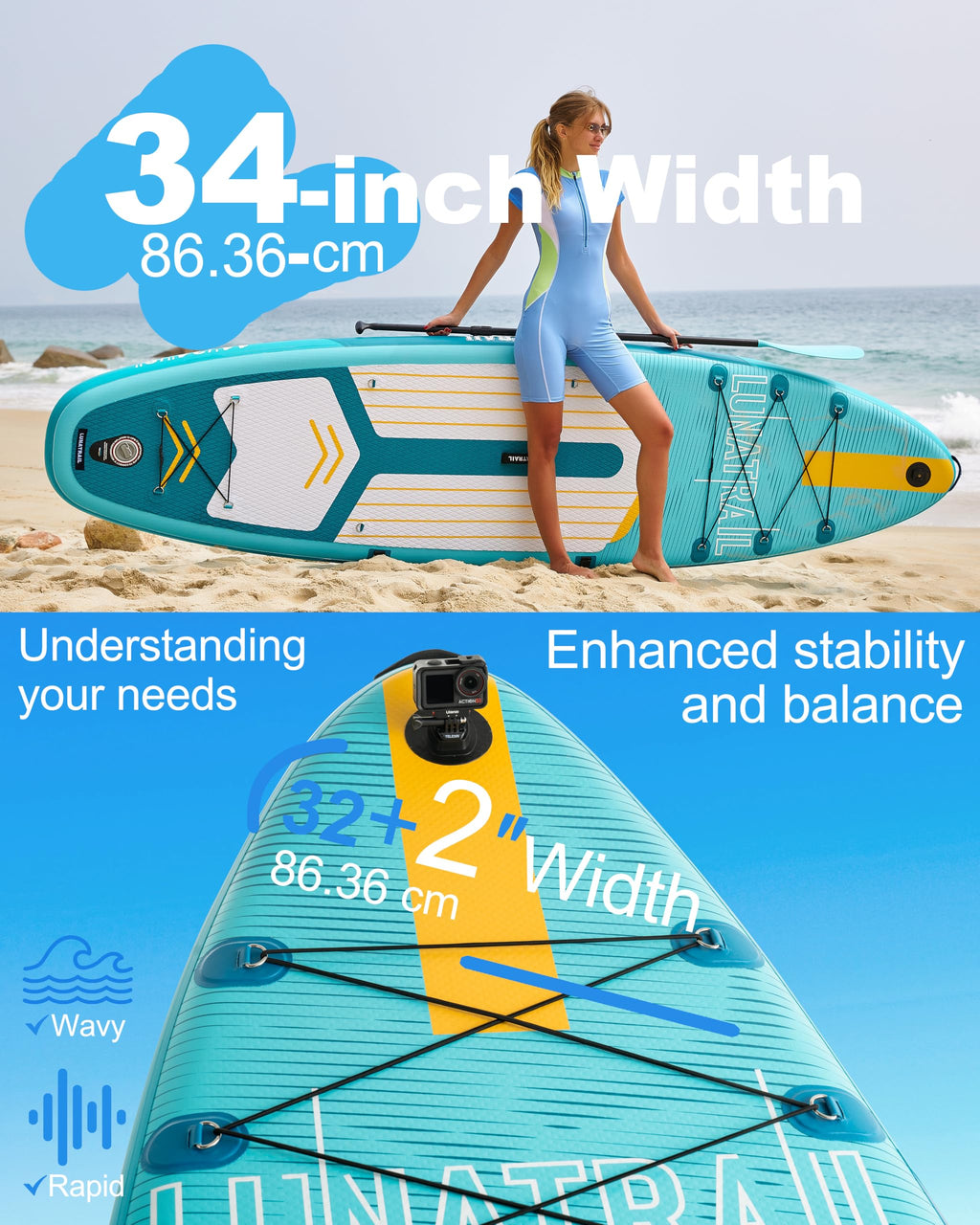 【11'×34"】 Extra Long/Extra Wide Premium Inflatable Stand Up Paddle Board (SUP) – Portable & Lightweight for Yoga, Surfing | Complete Kit with Paddle, Pump, Bag | Durable Design (Light Blue)