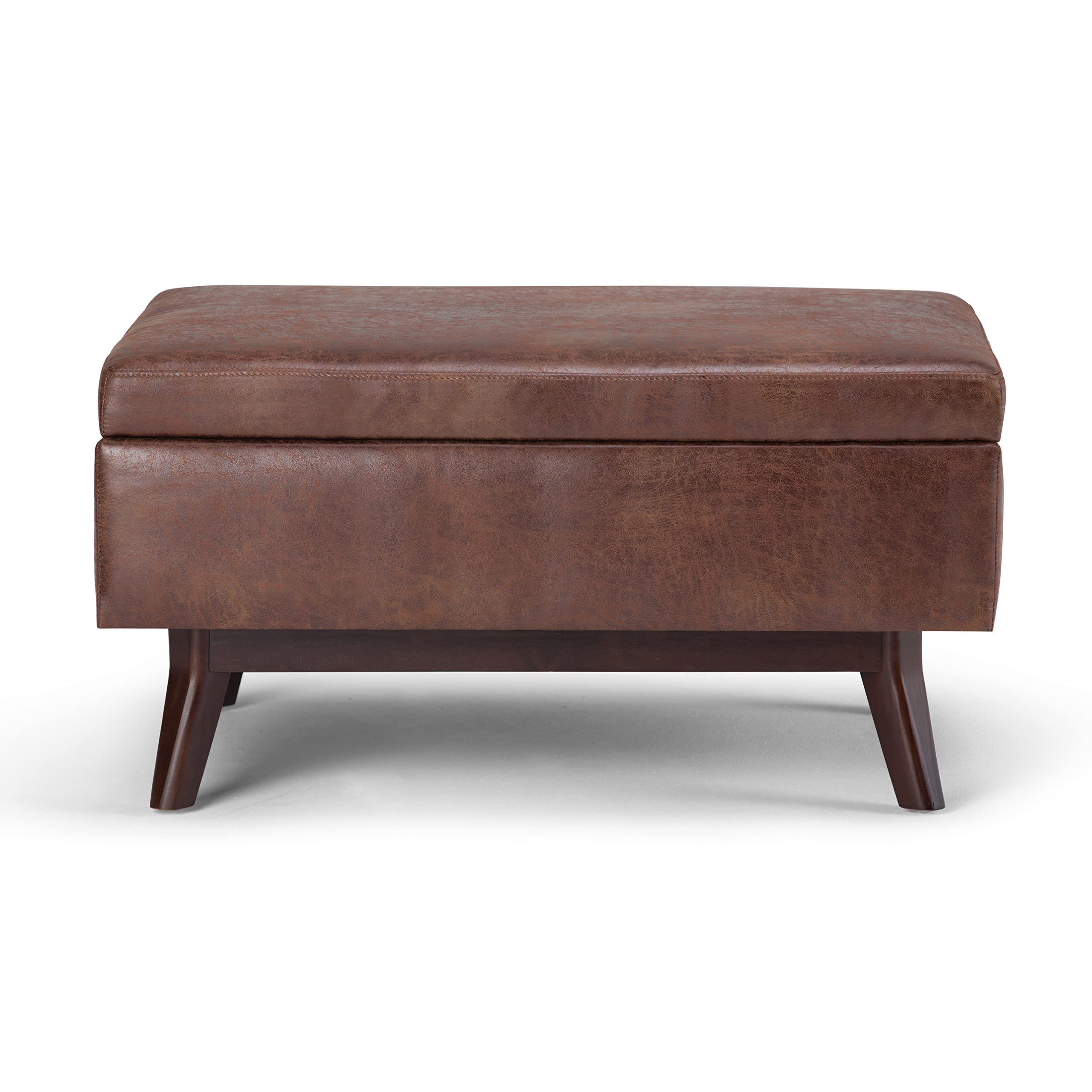 SIMPLIHOME Owen Coffee Table Storage Ottoman - 34" Wide x 19" High Upholstered Vegan Leather Rectangular Lift-Top Ottoman in Distressed Saddle Brown, Mid-Century Modern Bench with Tapered Legs