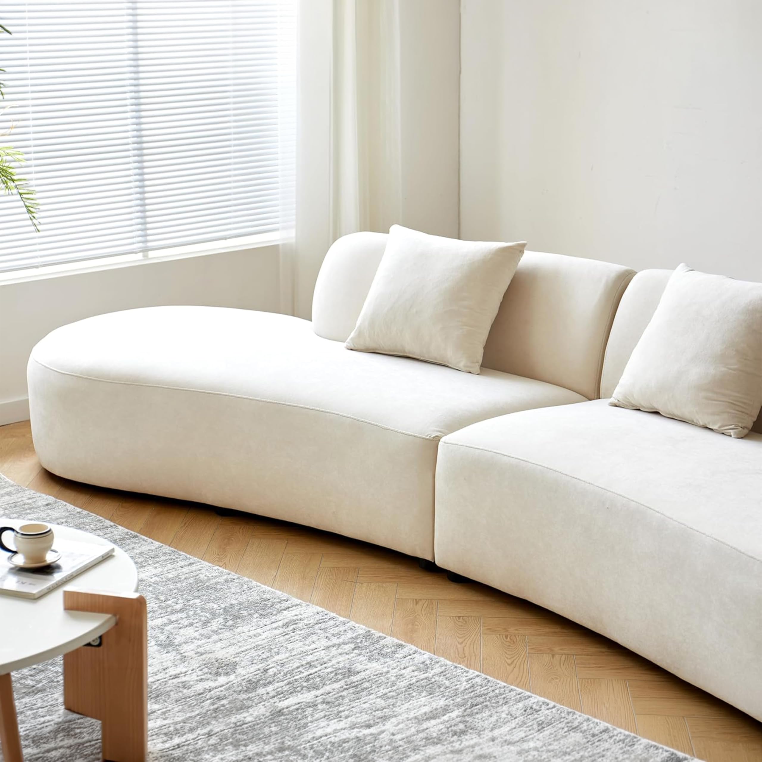 Container Furniture Direct 132" Curved Sofa with Throw Pillows, 6 Seater Luxury Velvet Couch with Half Moon Design and High-Density Foam, Ideal for Modern Living Room, Office & Apartment, Ivory