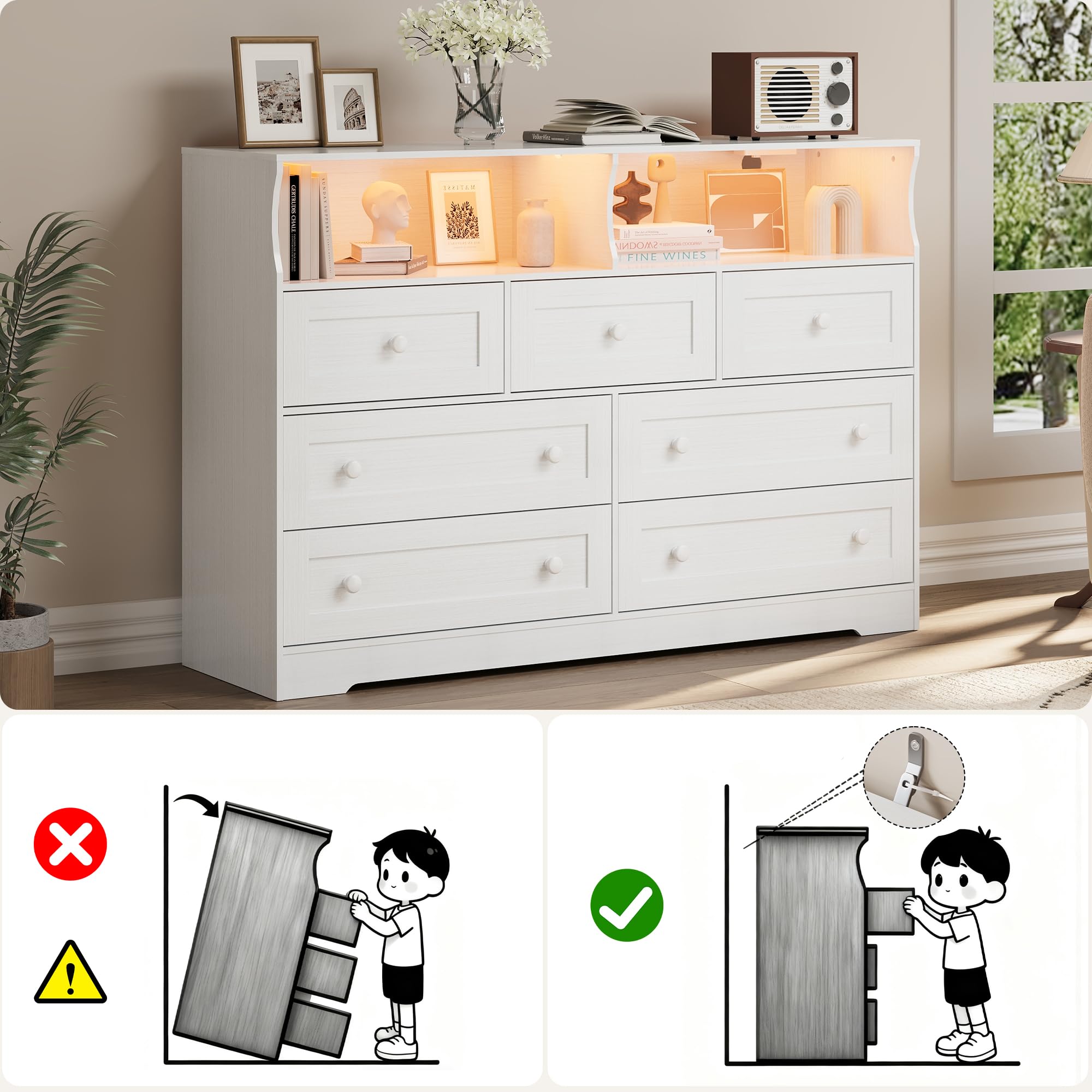 IDEALHOUSE Dresser for Bedroom with 7 Drawers, LED Lights & Charging Station, Wooden Chest with 2 Open Compartments, Freestanding Storage Organizer for Closet, Nursery, Entryway, White