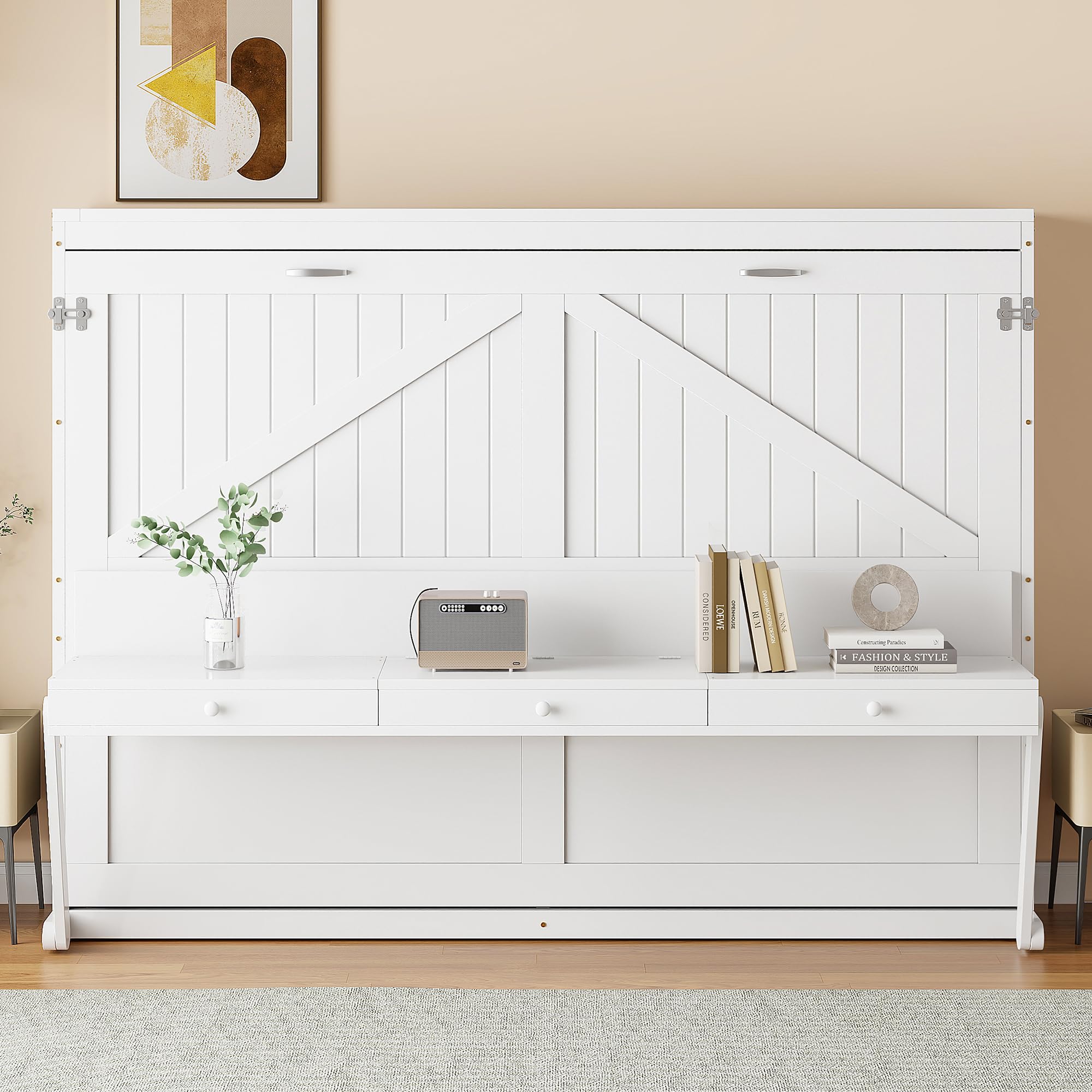 Merax Queen Size Murphy Bed with Vanity Desk, Foldable Murphy Cabinet Bed with Center Mirror and 2 Side Storage Drawers, Wood Space-Saving Hidden Wall Bed Cabinet for Guest Room Office, White