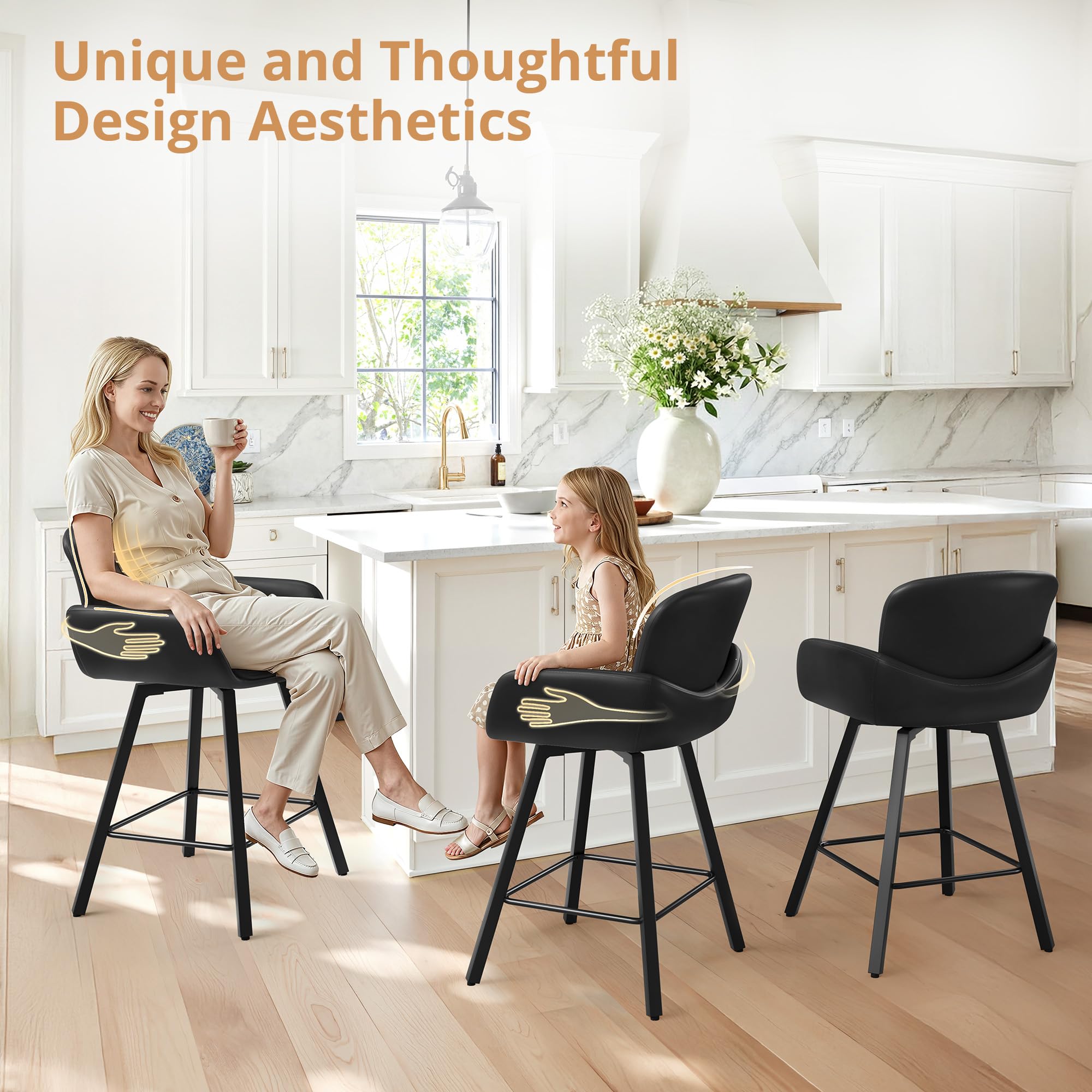 LUE BONA 26" Swivel Bar Stools Set of 4, Counter Height Bar Stools with Backrest and Arms, Modern Upholstered Barstools with Metal Legs for Kitchen Island, Black