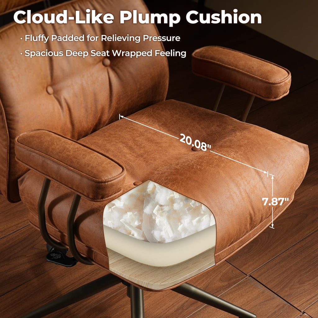ovios Ergonomic Office Chair, High Back Faux Leather Executive Chairs with Thick Cushion, Comfy Mid-Century Modern Swivel Rolling Computer Armchair (Brown, Suede Leather)