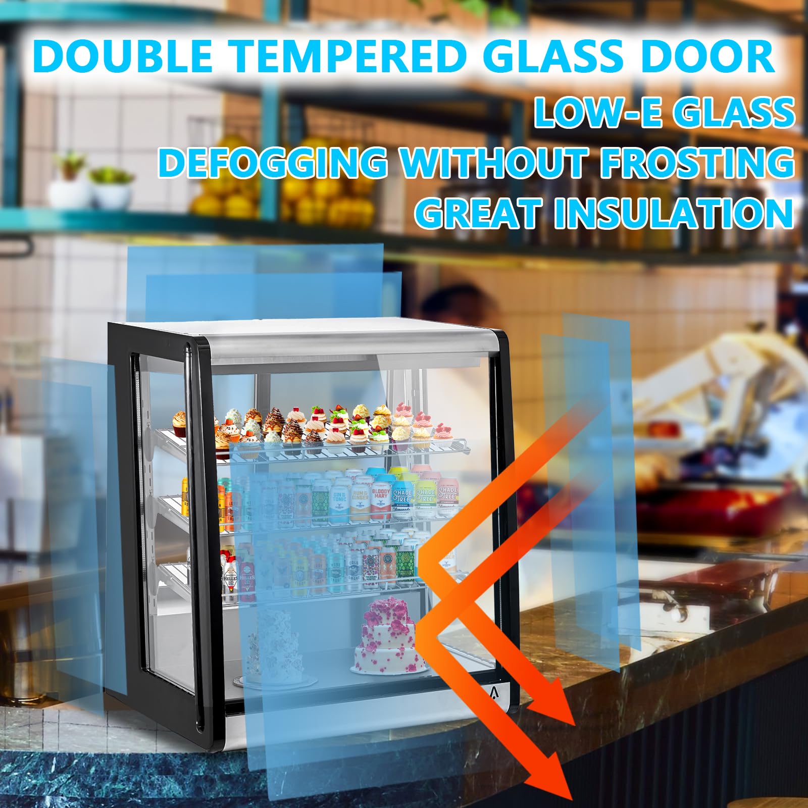 Festisoul Commercial Refrigerated Display Case, 196L Glass Door Countertop Refrigerator with Double Layer Tempered Glass, 110V for Restaurants, Cafes, Stores, Black