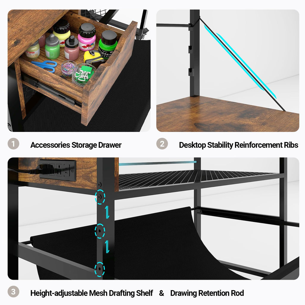 Natwind Wide Format Printer Stand, Plotter Workbench Table with Pull-Out Drafting Storage, Roll Paper Holder, Accessory Drawer, Adjustable Storage Shelf for Plotters and Cutting Machines (Retro)
