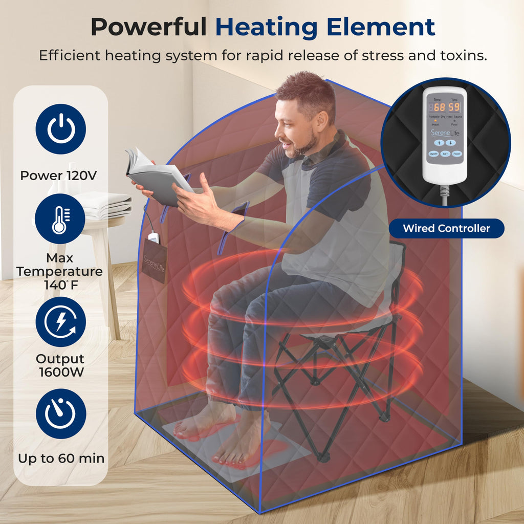 SereneLife Compact & Portable Infrared Steam Sauna, Personal Spa Style Sauna for at-Home Relaxation and Rejuvenation, Easy Access Sit-in Design, Foldable Chair, Energy Efficient, Foot Pad Heating Mat