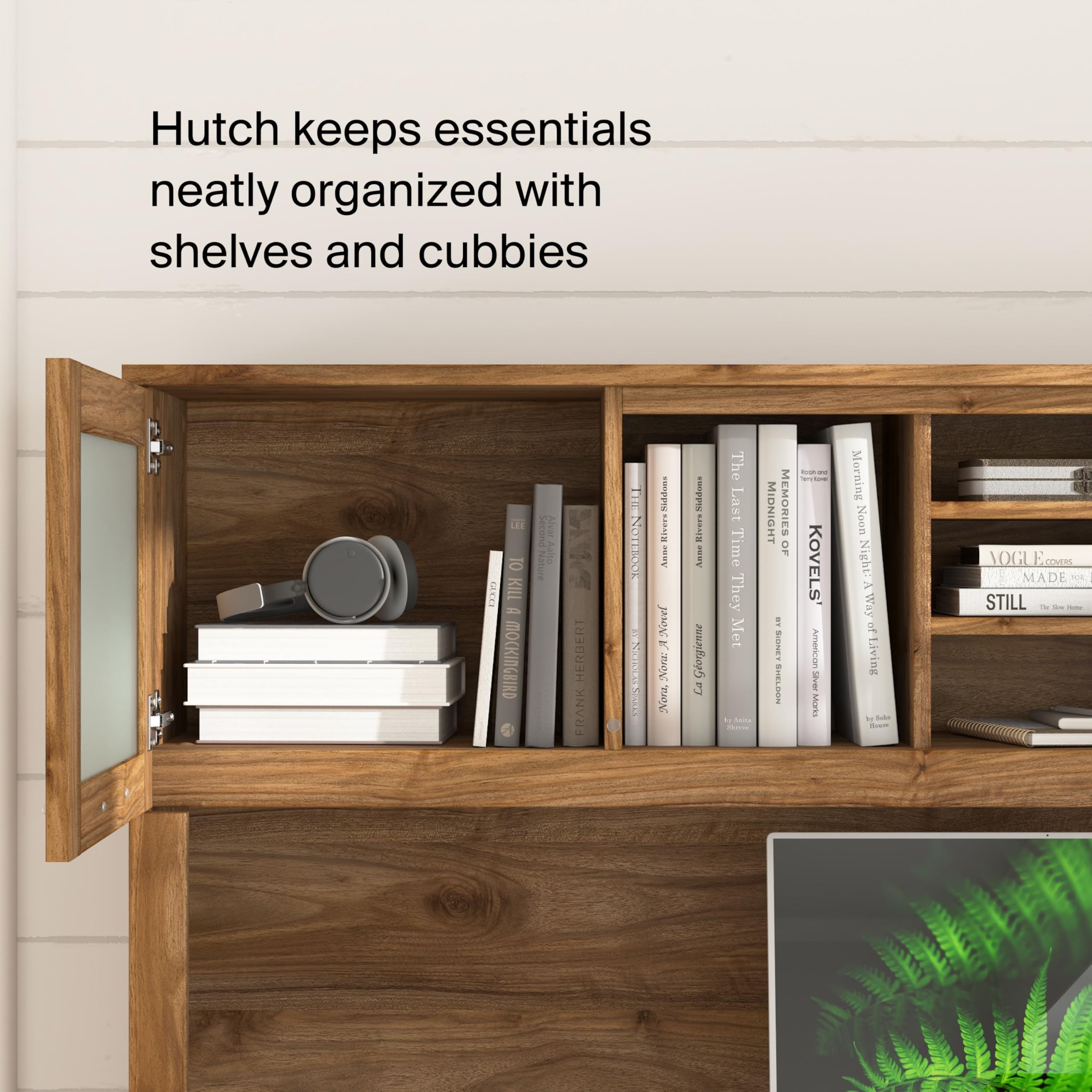 Bush Home 72-Inch Desk Hutch, Office Storage Organizer with Shelves, Cubbies and Frosted Glass Doors for Computer Desk, Home Office Furniture, Somerset Collection, Fresh Walnut