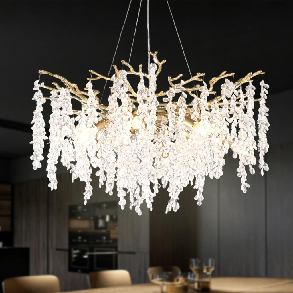 32 inch 10 Light Gold Crystal Chandelier, Grape-Shaped Sparkling Cluster Pendant Light, Easy DIY Installation, Adjustable Height Modern Luxury Ceiling Light for Dining Room Living Room Foyer Entryway