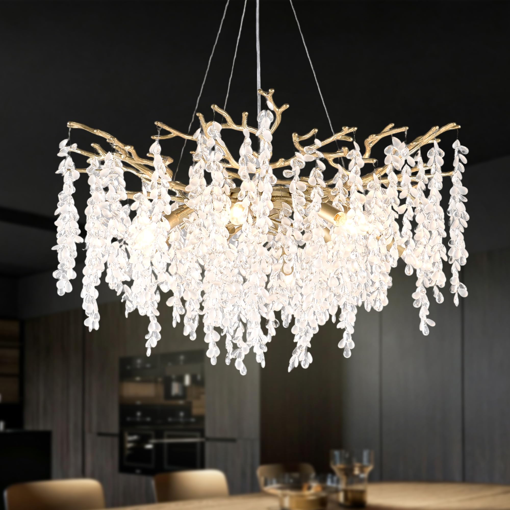 32 inch 10 Light Gold Crystal Chandelier, Grape-Shaped Sparkling Cluster Pendant Light, Easy DIY Installation, Adjustable Height Modern Luxury Ceiling Light for Dining Room Living Room Foyer Entryway