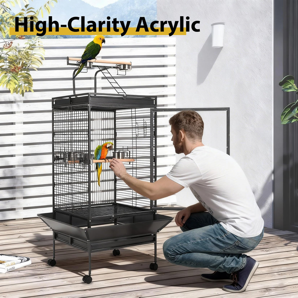 64.4" Tall Large Bird Cage, Metal Parrot Cage with Play Top, Rolling Stand & Bowls - Bird Aviary for Parrots, Conures, Cockatiels, Parakeets, Indoor Outdoor Aviary for Outside Porch Yard Garden