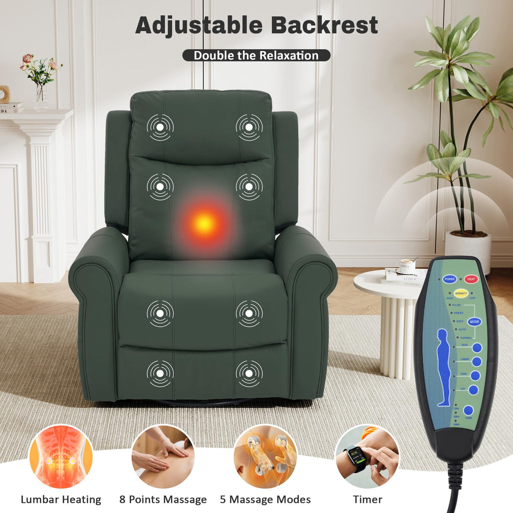 Merax 270°Swivel Rocker Recliner Chair, PU Leather Manual Recliner with Massage and Heating, Dual Reclining Positions and Side Pocket and for Living Room, Bedroom, or Nursery, Green