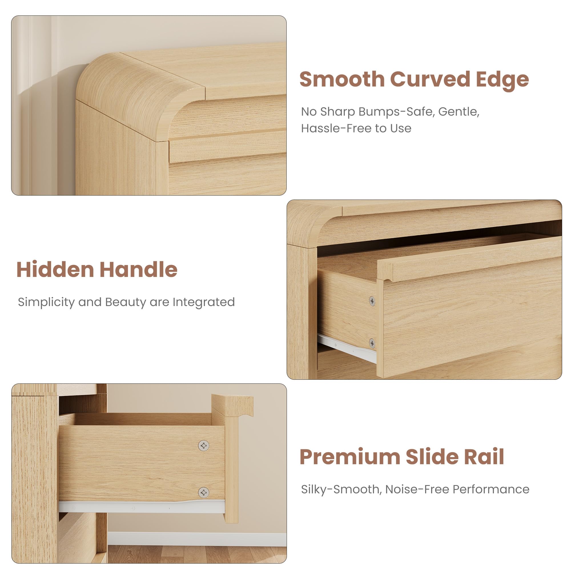 Garvee 5 Drawer Dresser for Bedroom, 45" Tall Wooden Dressers with Curved Profile Design, Mid Century Chest of Drawers Closet Clothes Storage Organizer for Living Room, Entryway, Nursery, Natural