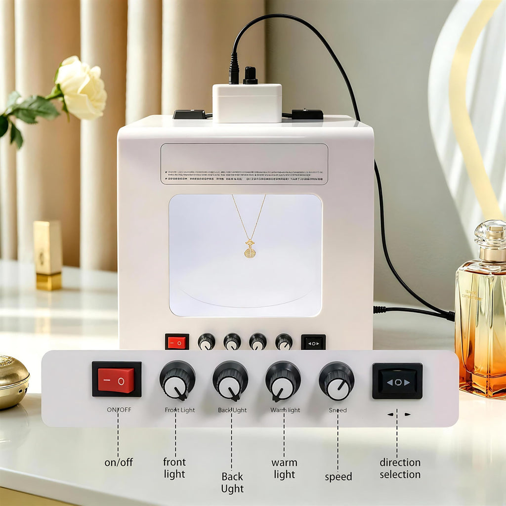 QIUNAOZI Professional Jewelry Photography Light Box Kit. Smart Photography Turntable, Turntable Diameter 11/15cm, 4pcs Fill Lights, Support Jewelry Hanging or Placing Black-TB20