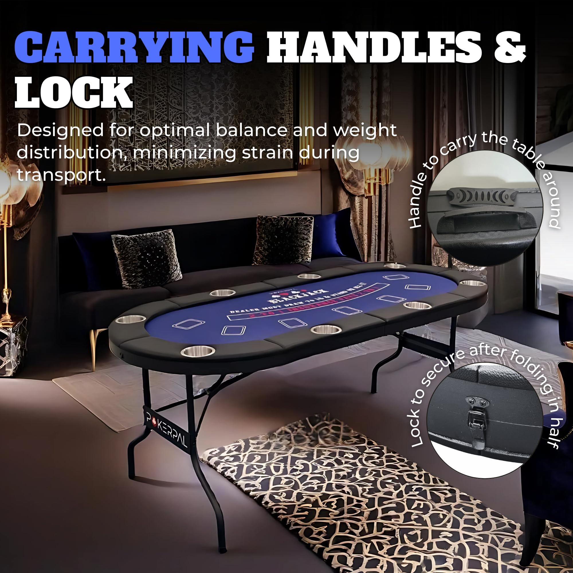 8 Player Poker Table with 2 Interchangeable Game mats, Texas Holdem Poker and Blackjack, Collapsible Casino Table with Padded Rails and XXL Cup Holders for Wine and Whiskey Glasses, (71 in) - Blue