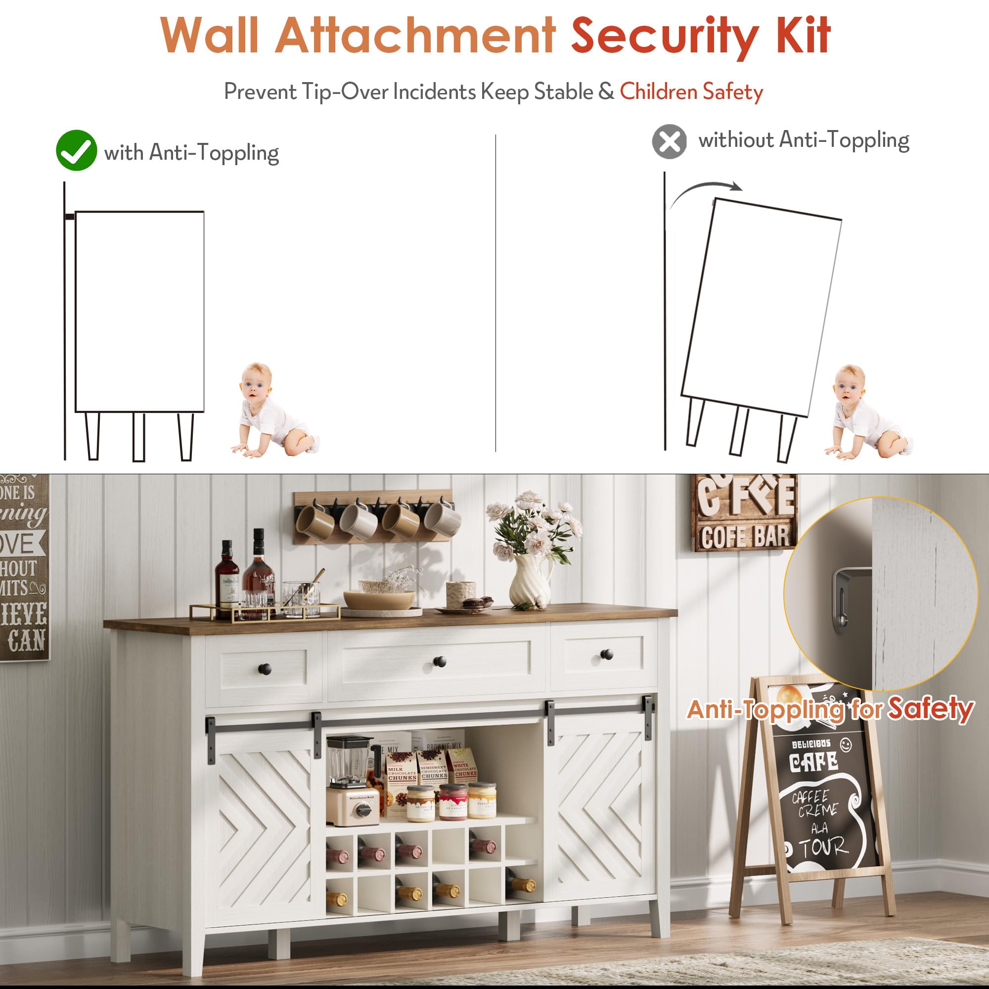 IDEALHOUSE 59'' Farmhouse Buffet Cabinet with Sliding Barn Door, 33.4'' Tall Wood Rustic Sideboard with 3 Drawer, Adjustable Shelf and Removable Wine Rack for Dining Room, Kitchen, White