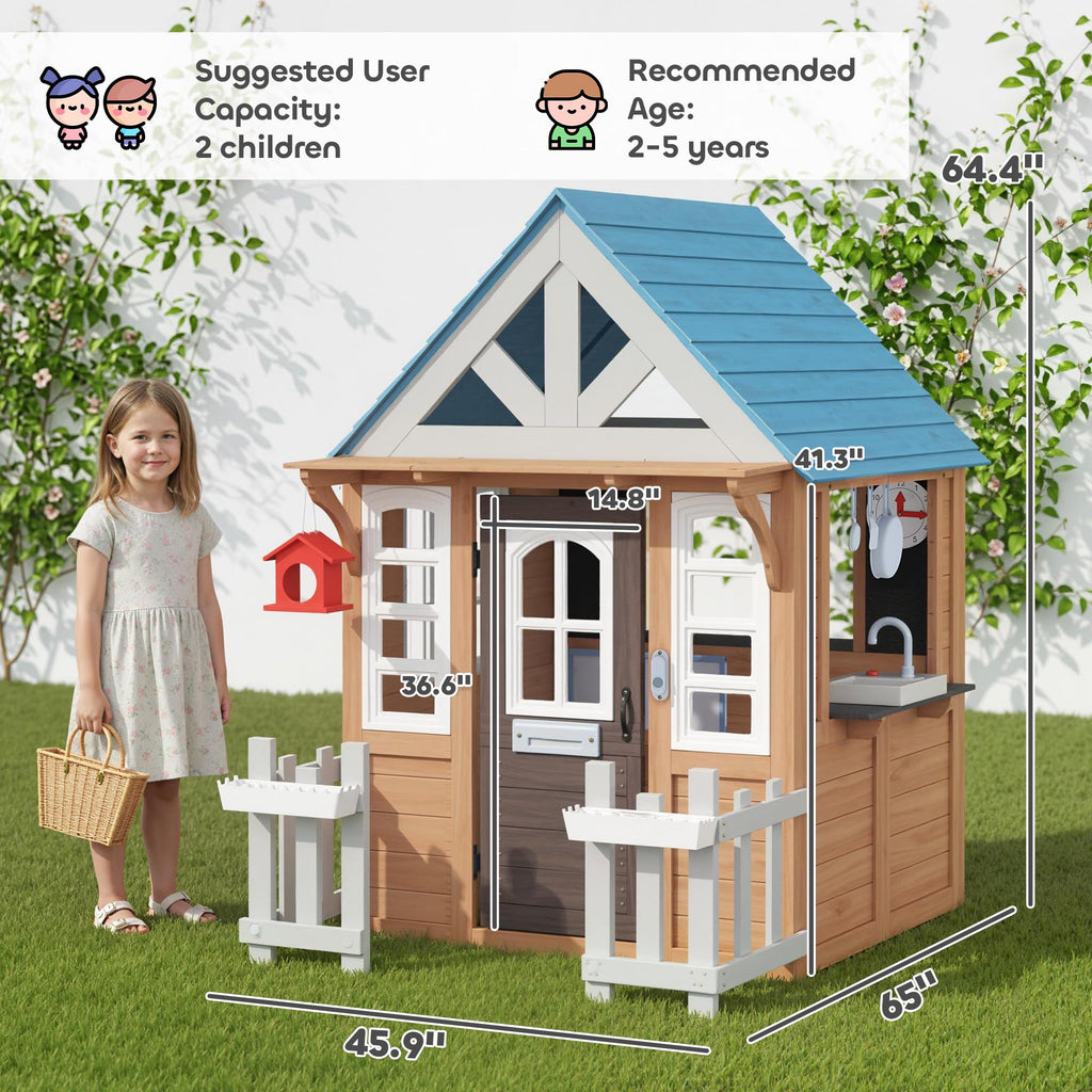 Qaba Outdoor Playhouse with Pet Door, Wooden Kids Playhouse with Play Kitchen, Mailbox, Doorbell, Birdhouse, Fence and Windows for Garden, Backyard, Indoor Playroom Pretend Play, Ages 2+, Brown