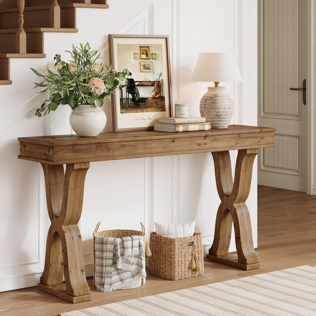 TRIBEWOOD 63-Inch Solid Wood Console Table, Farmhouse Entryway Table with X-Shaped Legs, Long Sofa Table for Living Room, Hallway, or Foyer, Easy Assembly, Anti-tip Kits